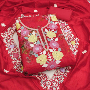 Designer Red Floral Digital Printed Shimmer Silk Dress Material Featuring Embroidery Work
