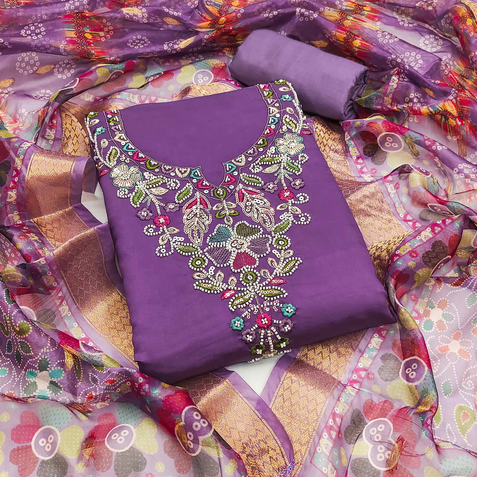 Exclusive Purple Floral Embroidery Art Silk Dress Material With Sequins & Beads Work