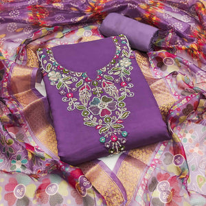 Exclusive Purple Floral Embroidery Art Silk Dress Material With Sequins & Beads Work