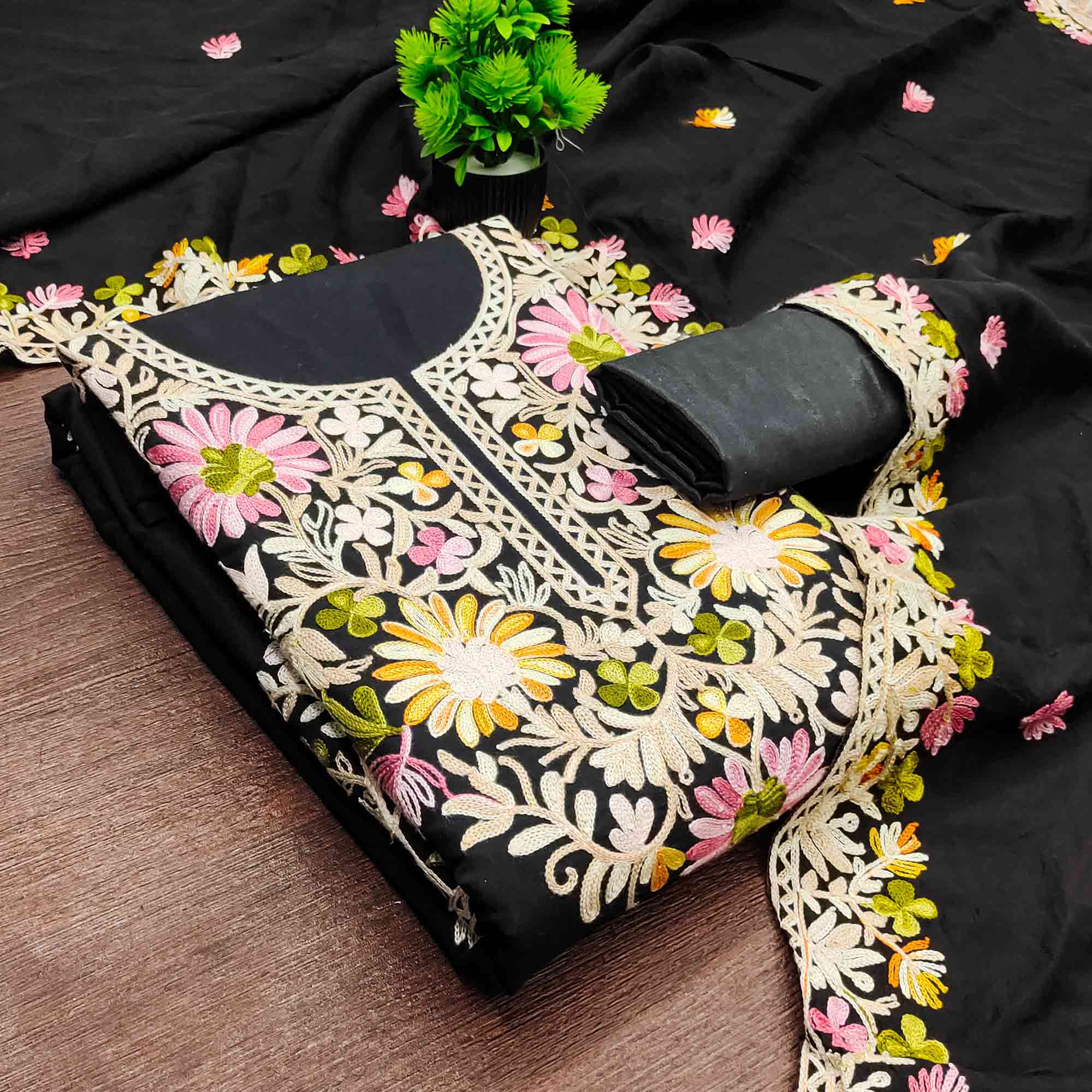 Black Designer Roman Art Silk Dress Material Adorned With Floral Thread Embroidery Work