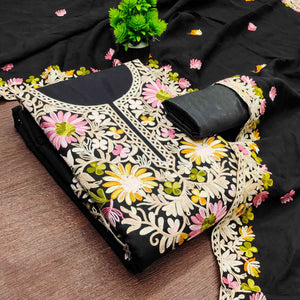 Black Designer Roman Art Silk Dress Material Adorned With Floral Thread Embroidery Work