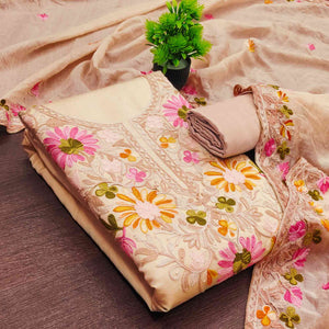 Chikoo Designer Roman Art Silk Dress Material Adorned With Floral Thread Embroidery Work