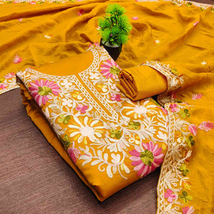 Dark Mustard Designer Roman Art Silk Dress Material Adorned With Floral Thread Embroidery Work