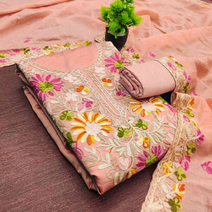 Peach Designer Roman Art Silk Dress Material Adorned With Floral Thread Embroidery Work