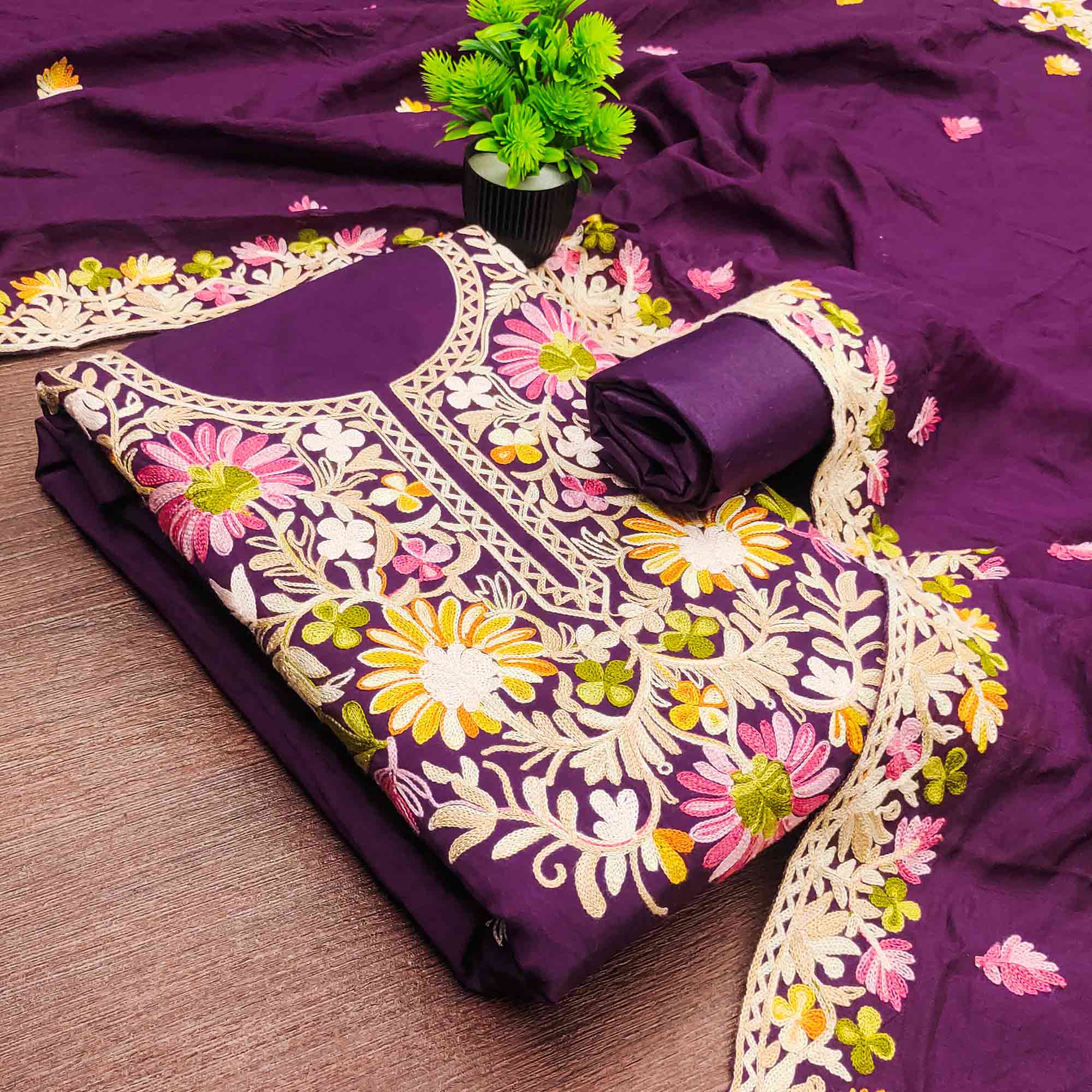 Purple Designer Roman Art Silk Dress Material Adorned With Floral Thread Embroidery Work