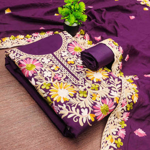 Purple Designer Roman Art Silk Dress Material Adorned With Floral Thread Embroidery Work