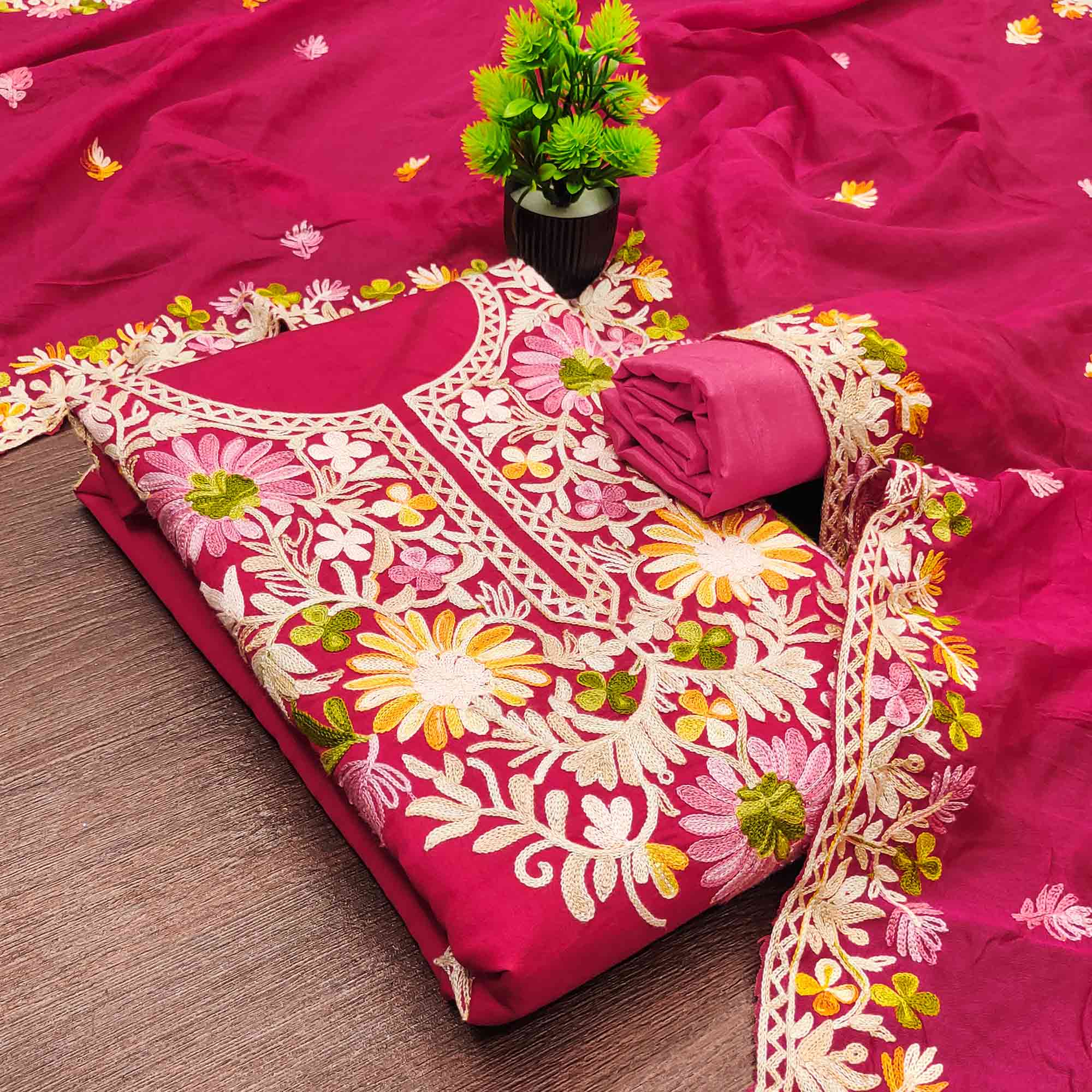 Rani Pink Designer Roman Art Silk Dress Material Adorned With Floral Thread Embroidery Work