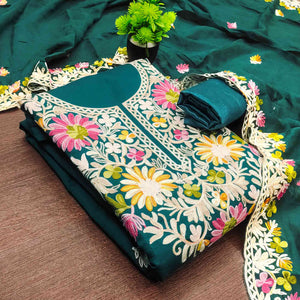 Teal Designer Roman Art Silk Dress Material Adorned With Floral Thread Embroidery Work