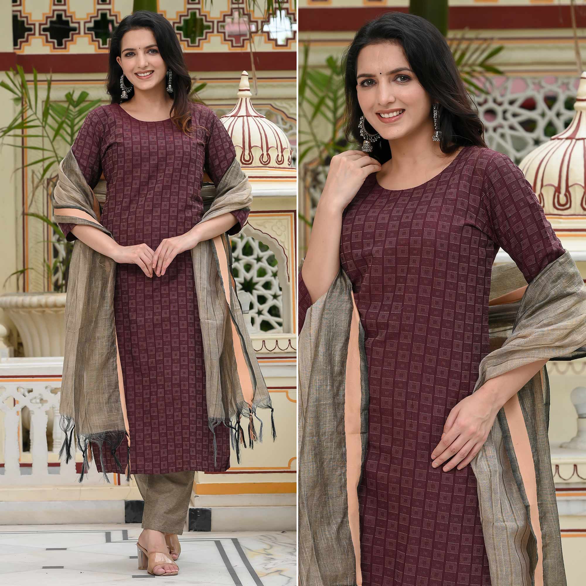 Maroon Woven Cotton Blend Dress Material