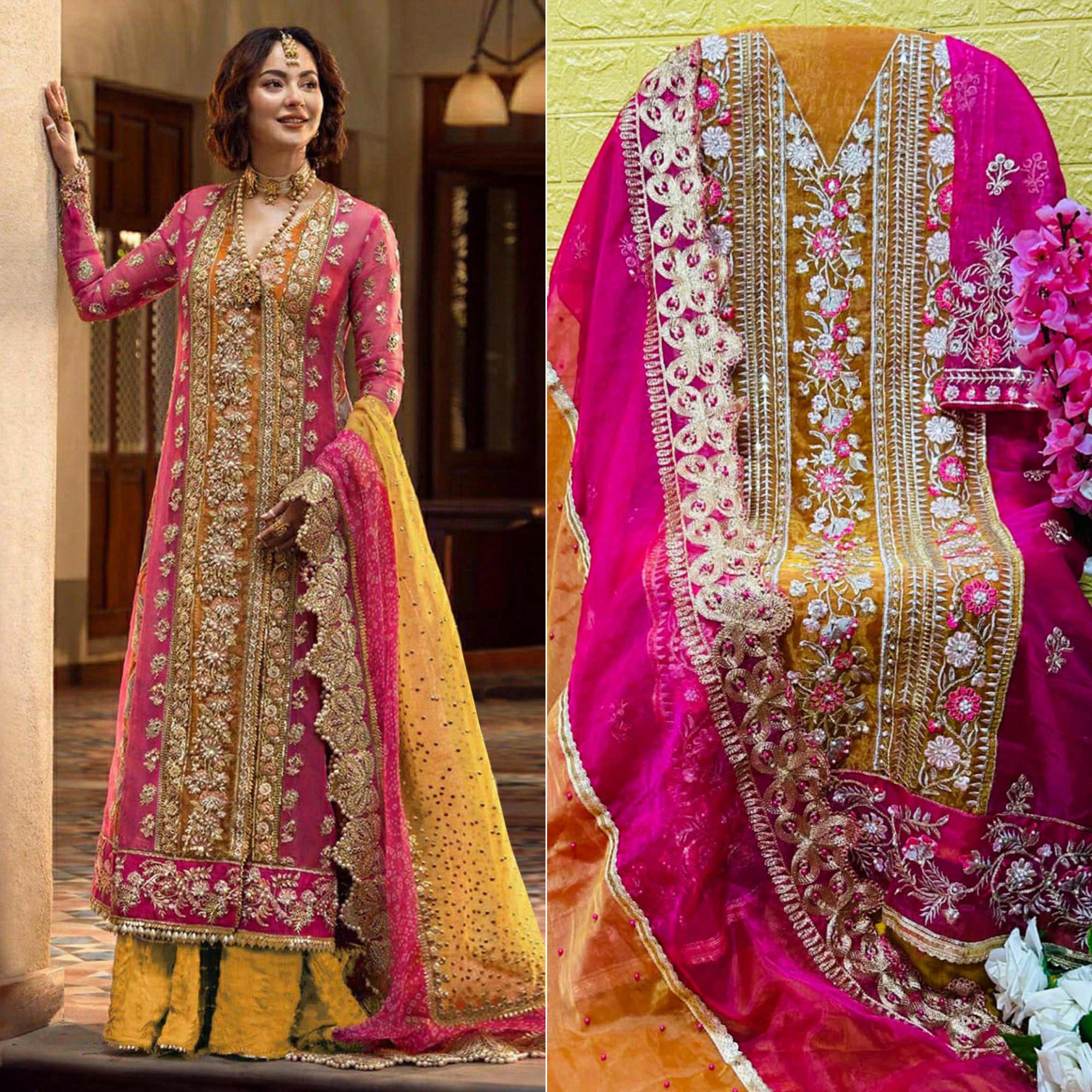 Rani Pink Floral Embroidered Organza Palazzo Suit