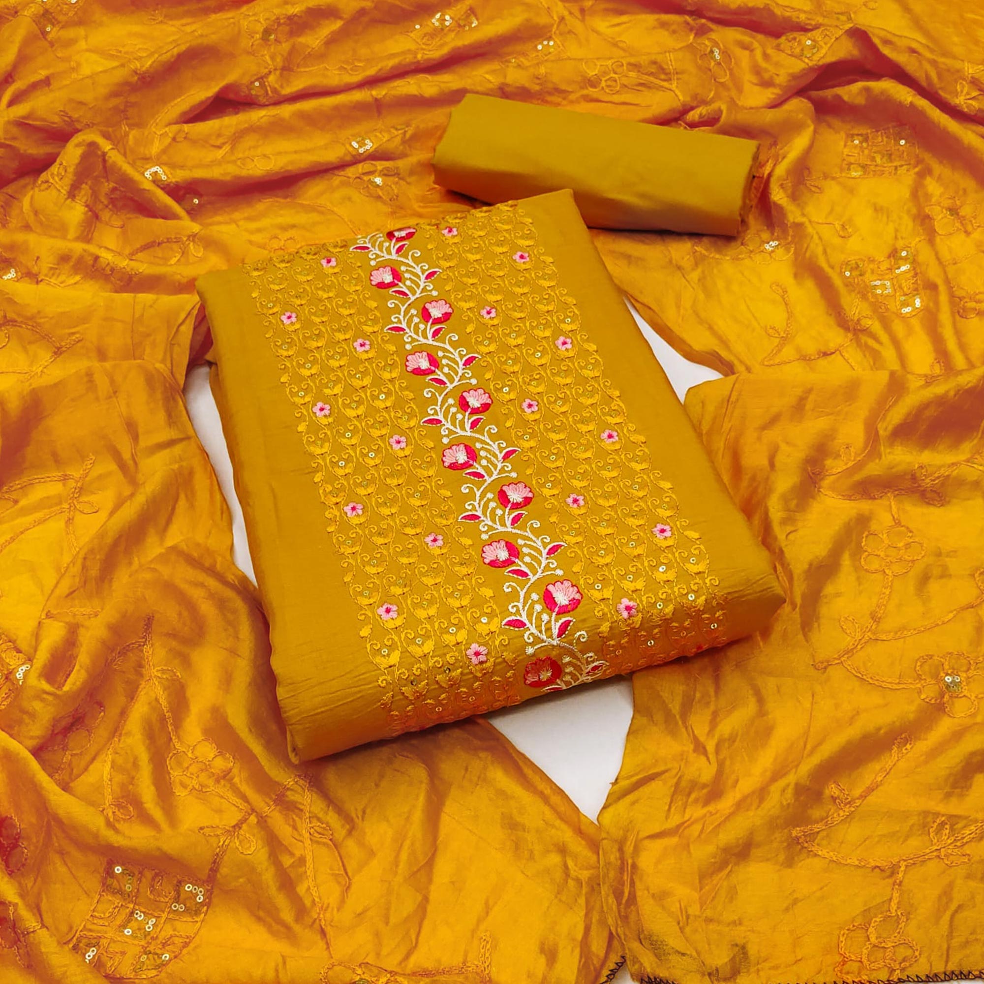 Mustard Floral Embroidered Cotton Blend Dress Material