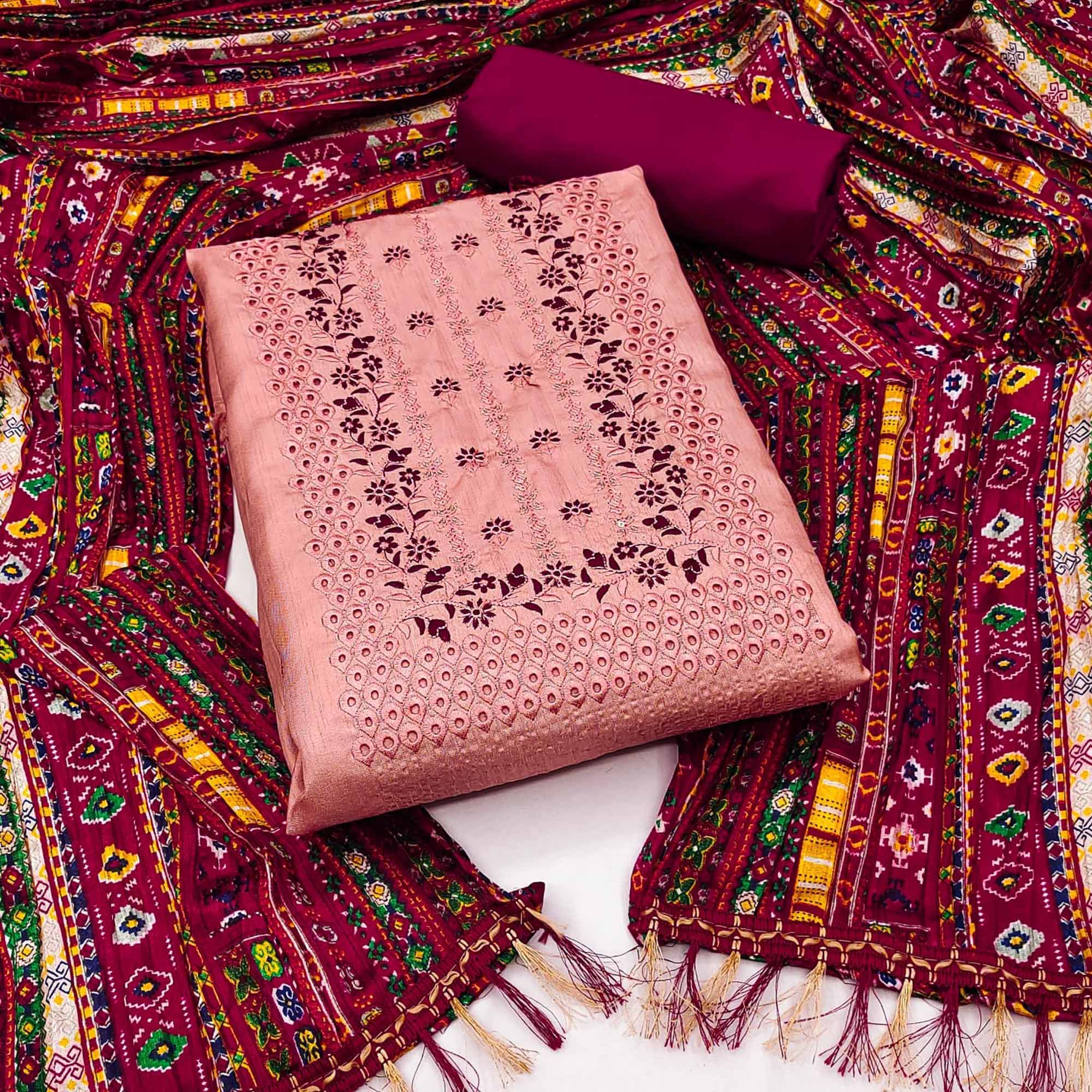 Peach Floral Embroidered Cotton Blend Dress Material