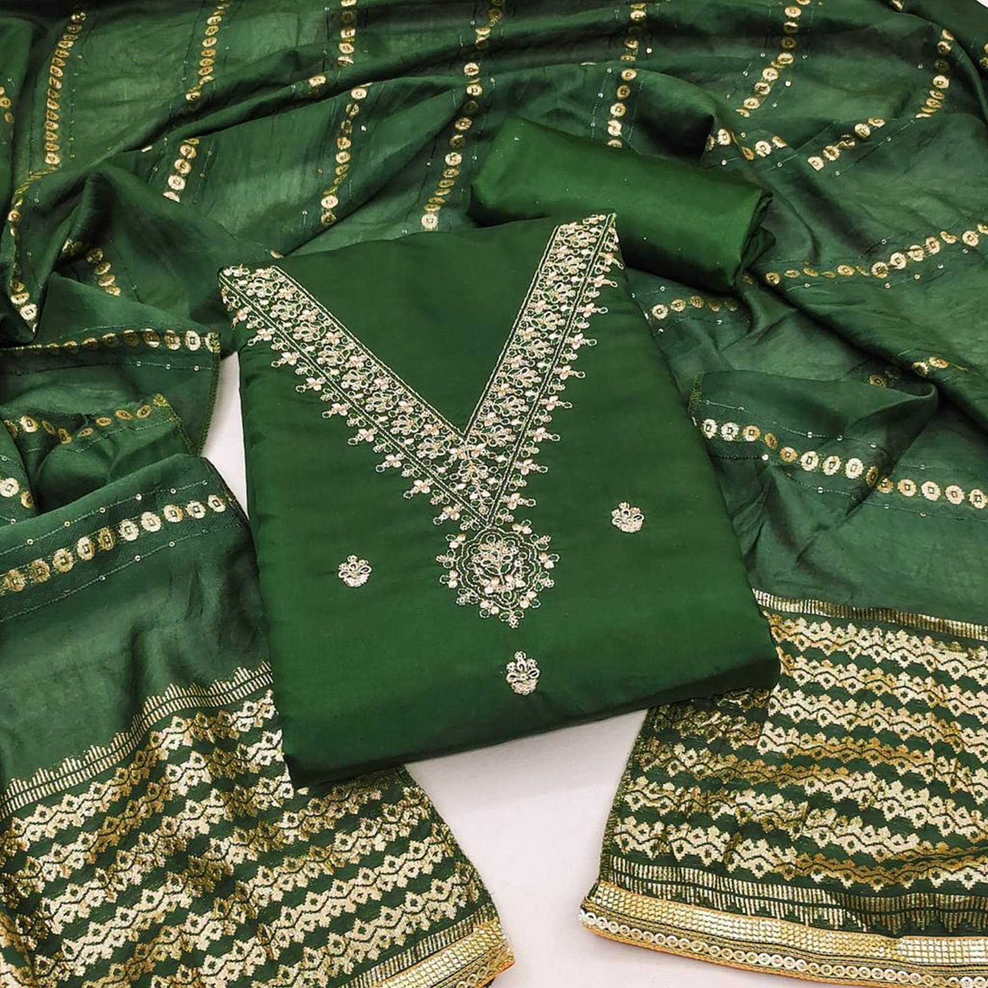 Green Embroidered Chanderi Silk Dress Material