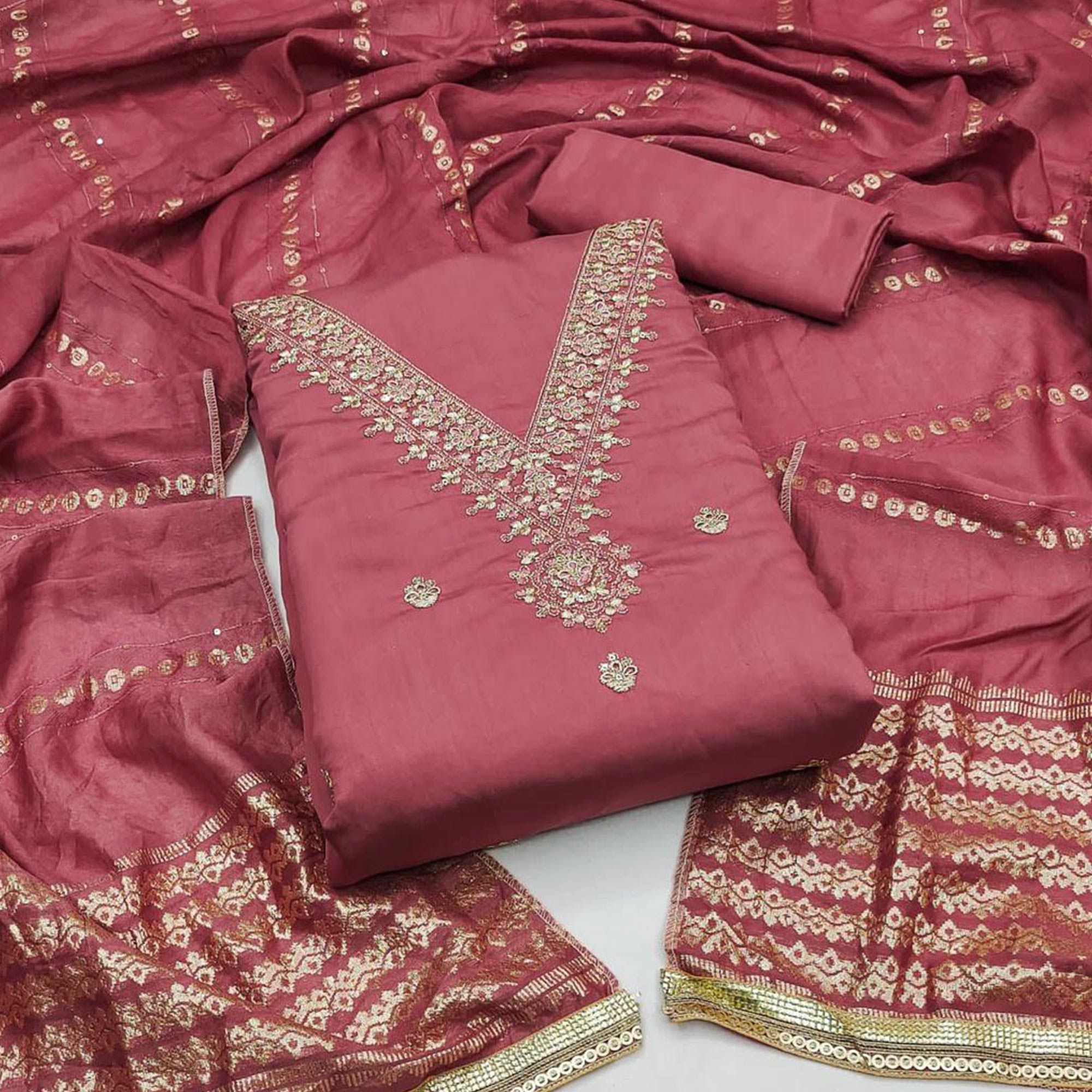 Pink Embroidered Chanderi Silk Dress Material