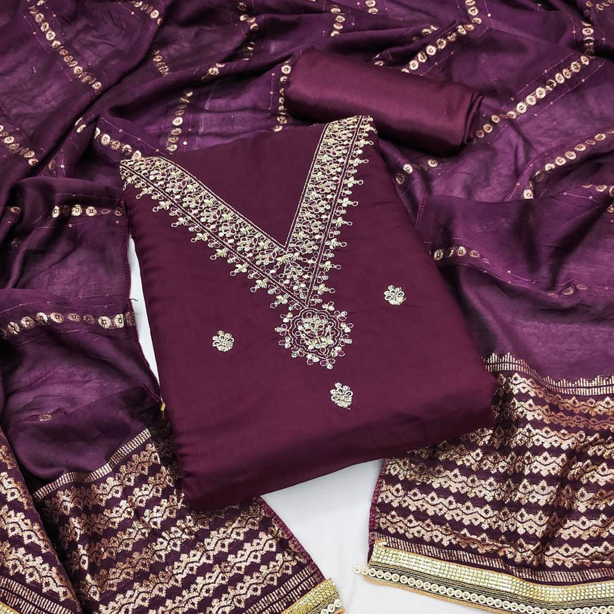 Wine Embroidered Chanderi Silk Dress Material