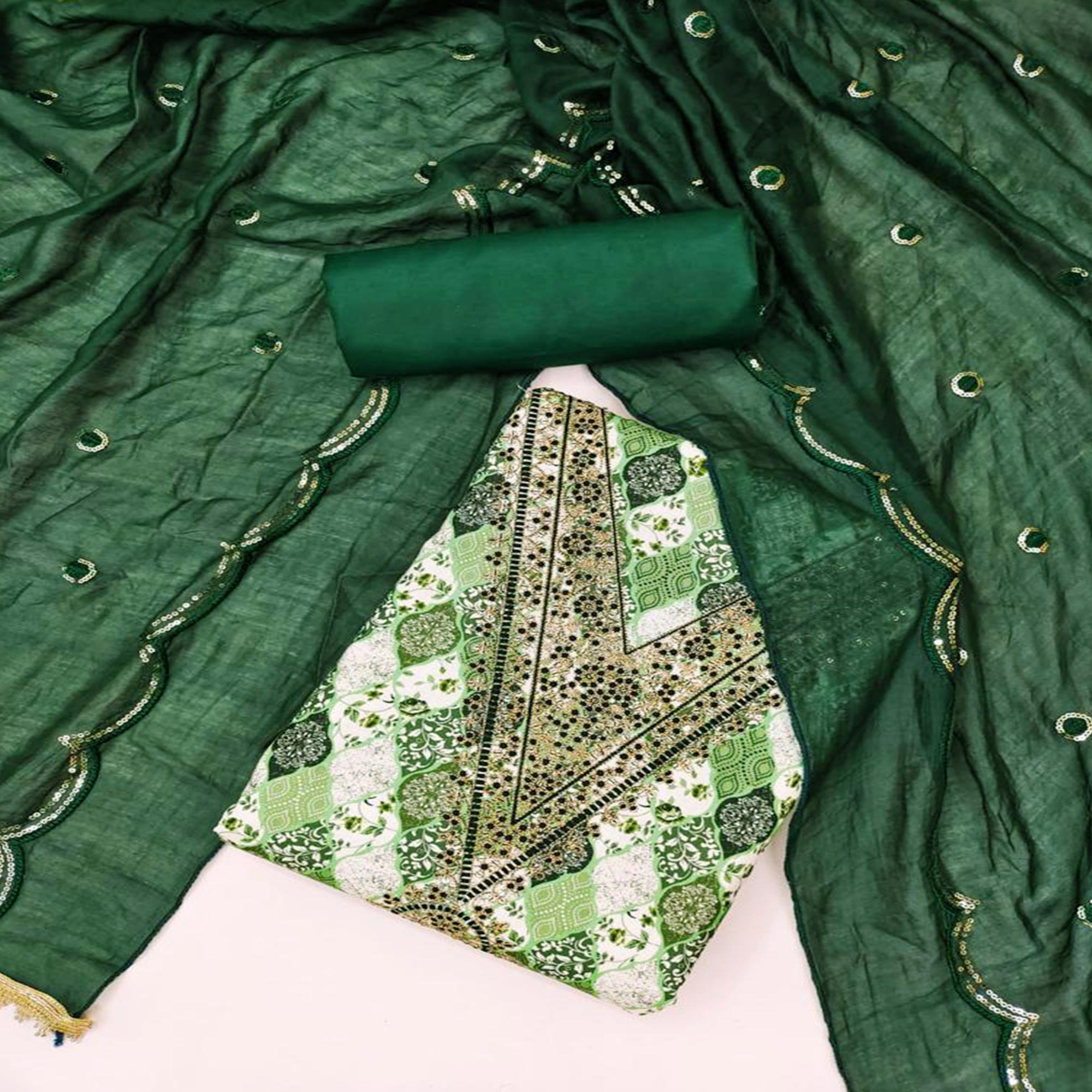 Green Digital Printed With Embroidered Cotton Blend Dress Material