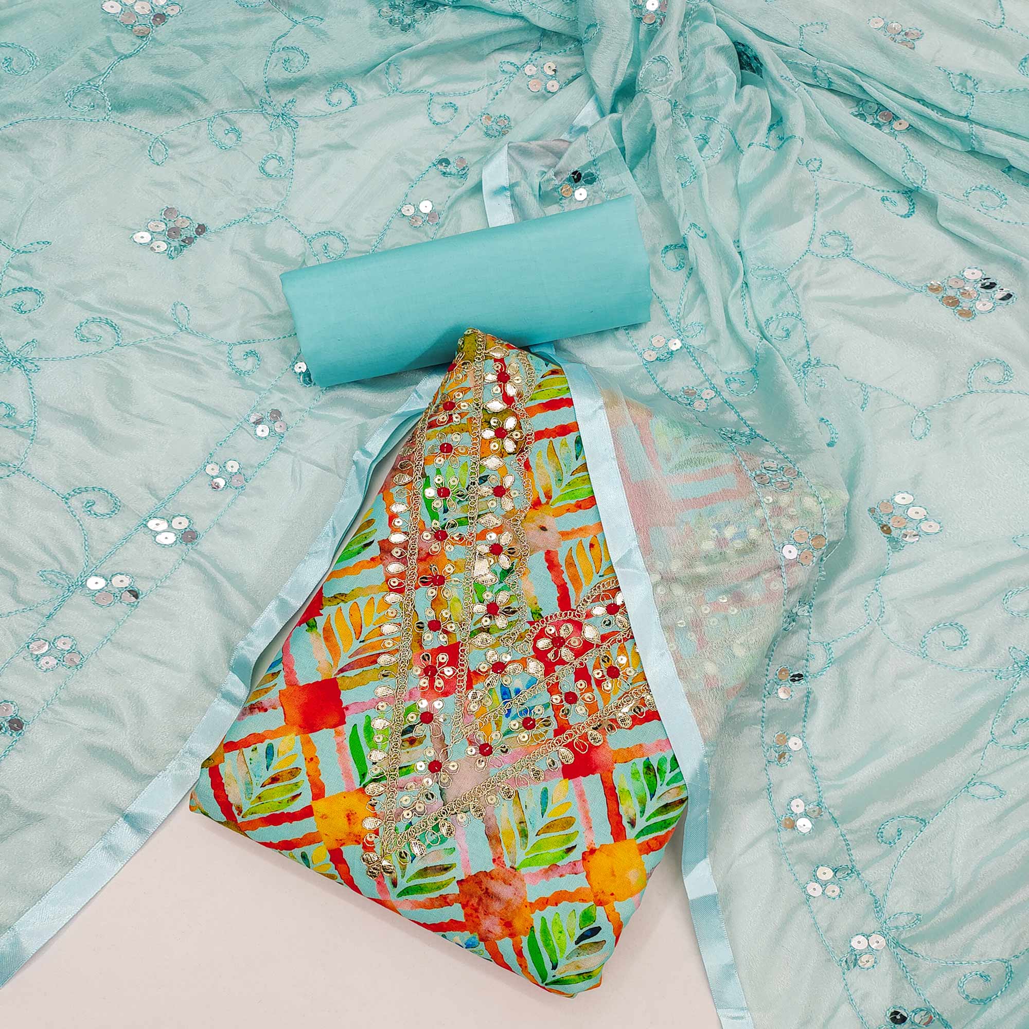 Blue Digital Printed With Sequins Work Cotton Blend Dress Material