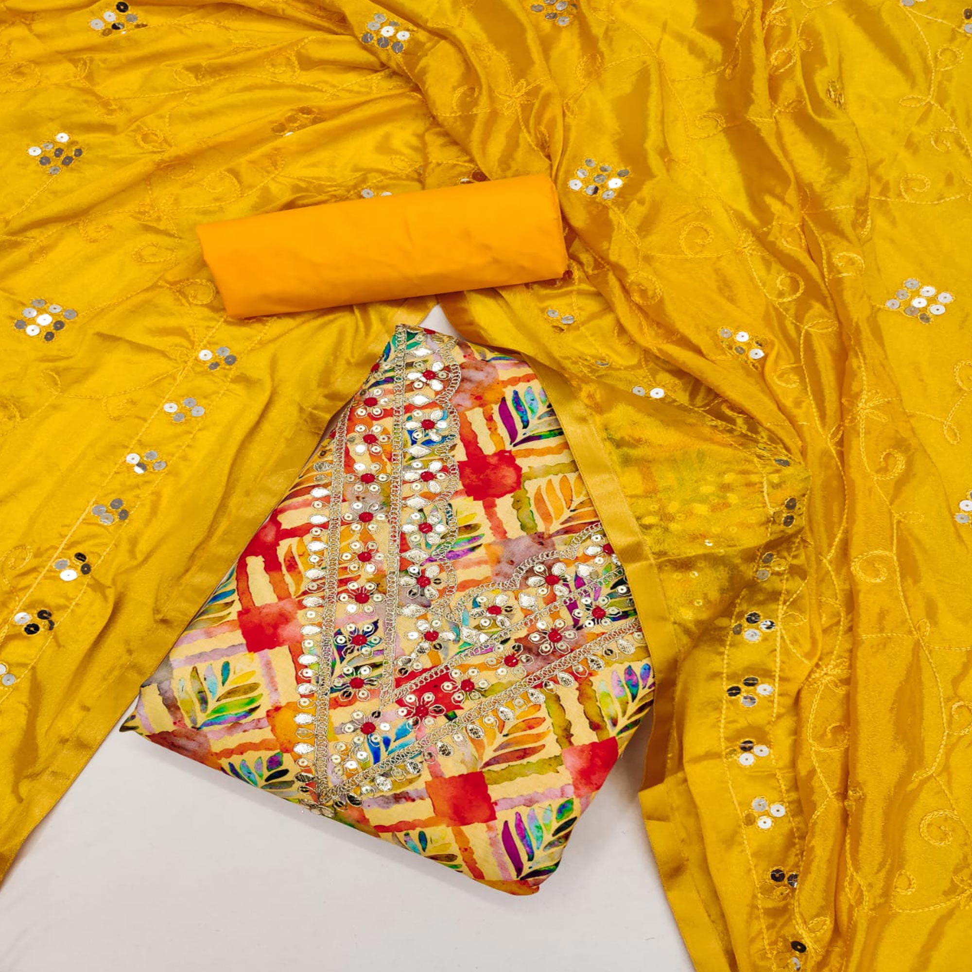 Yellow Digital Printed With Sequins Work Cotton Blend Dress Material