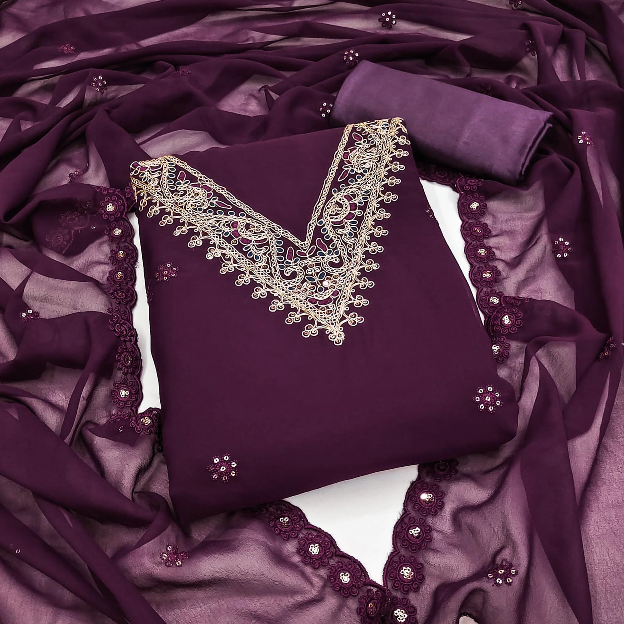 Purple Sequins Embroidered Georgette Dress Material