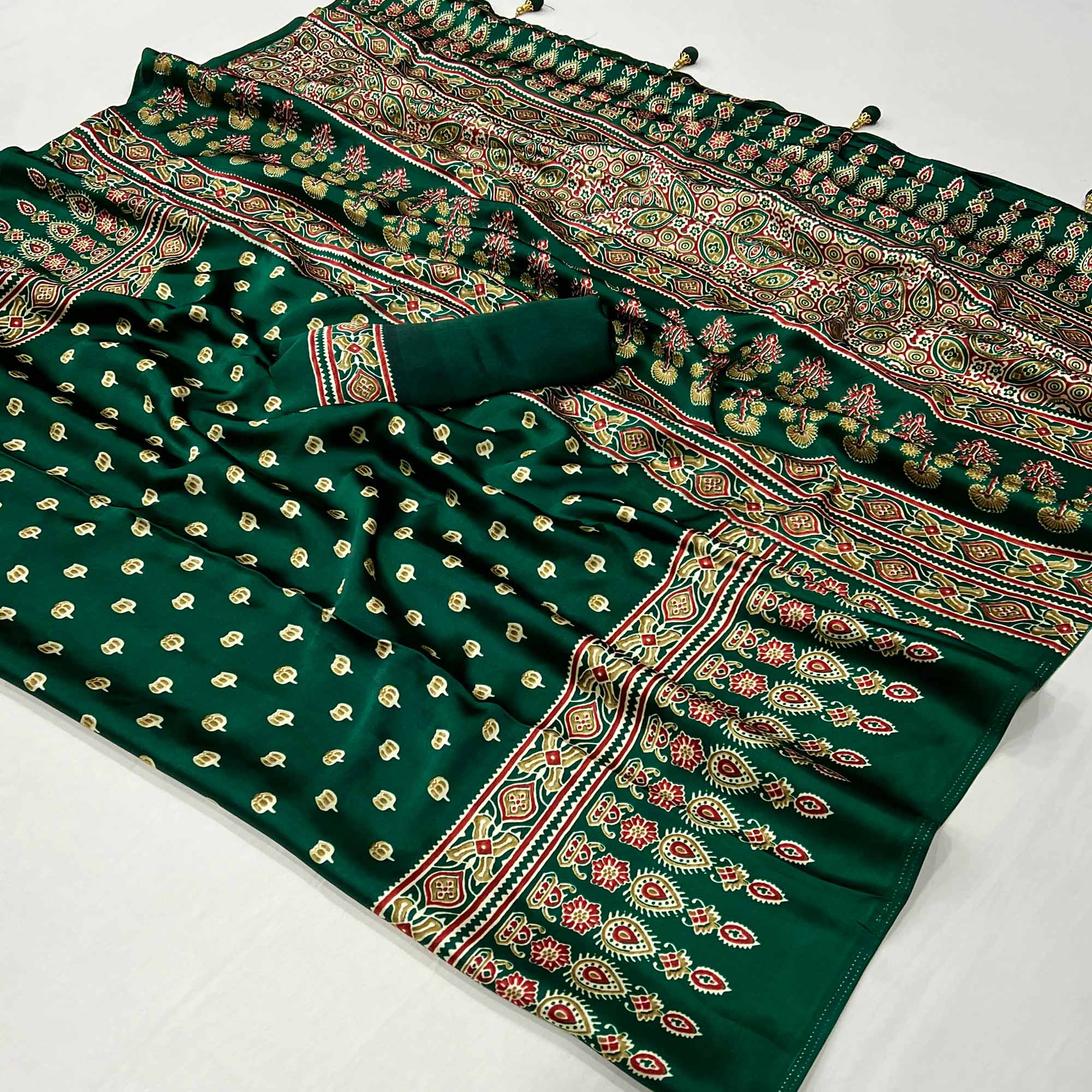 Green Ajrakh Printed Satin Saree