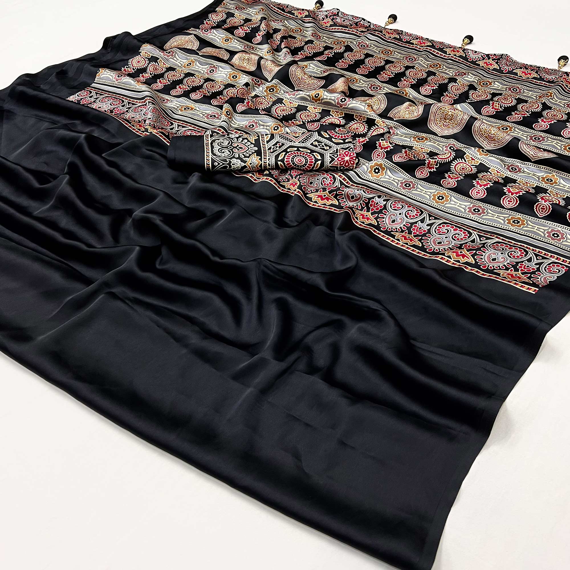 Black Ajrakh Printed Crepe Satin Saree With Tassels