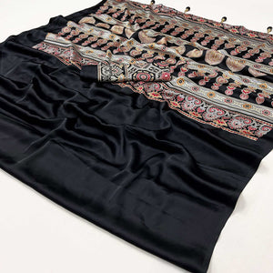 Black Ajrakh Printed Crepe Satin Saree With Tassels