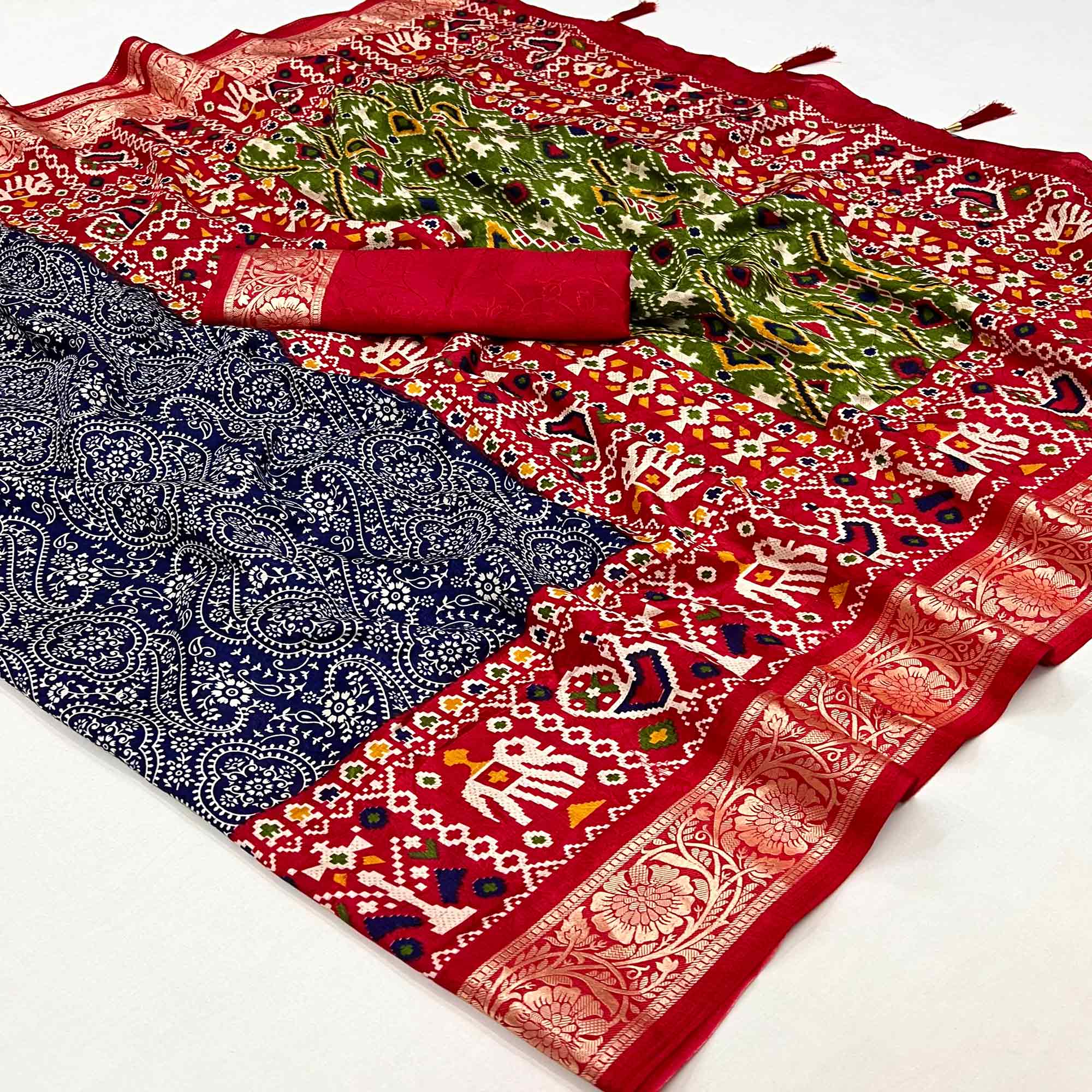 Blue & Red Floral Printed Tussar Silk Saree With Tassels