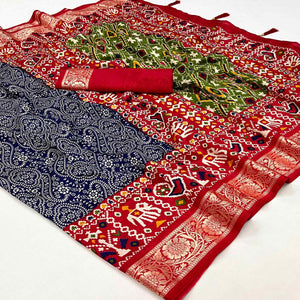 Blue & Red Floral Printed Tussar Silk Saree With Tassels