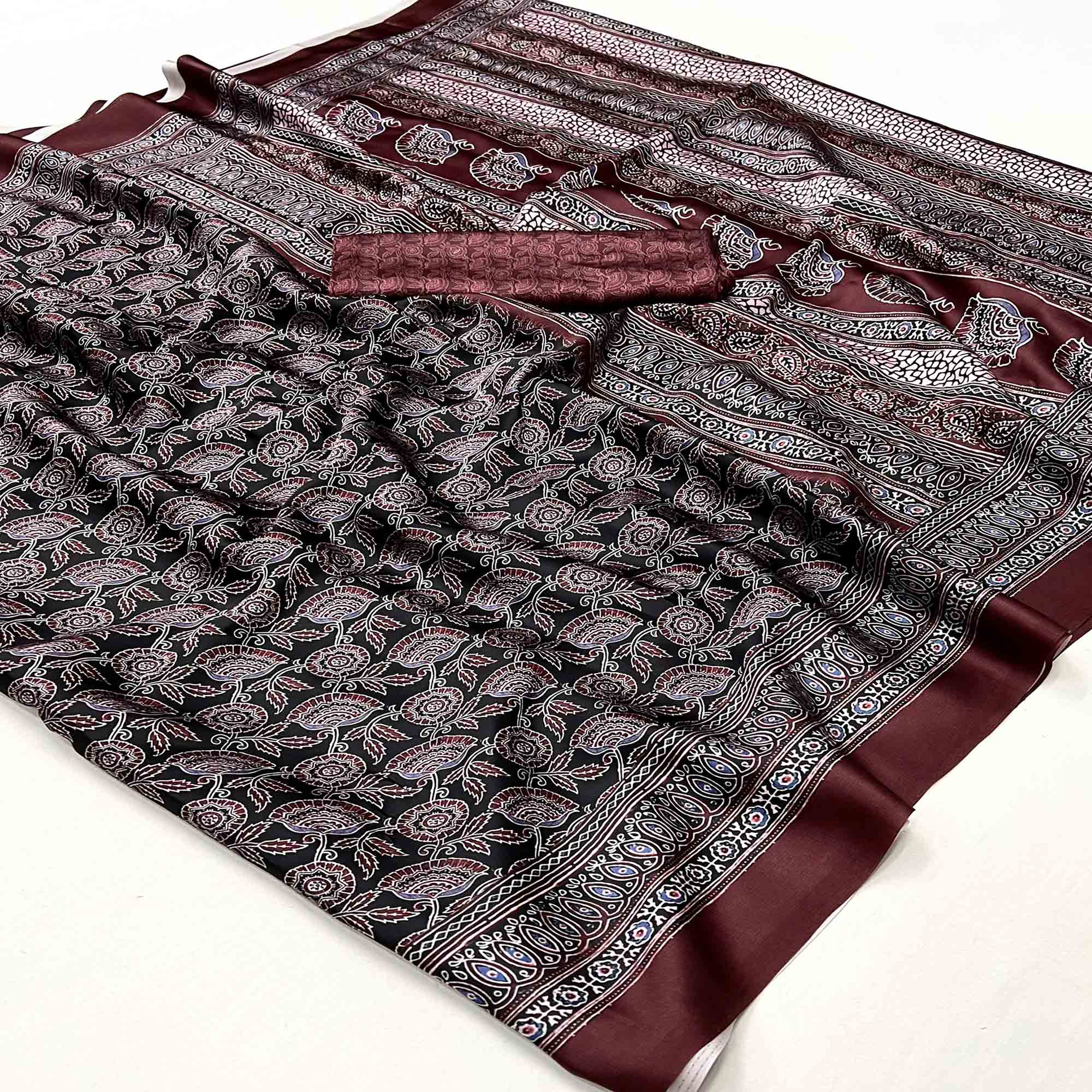 Black & Maroon Digital Printed Crepe Saree