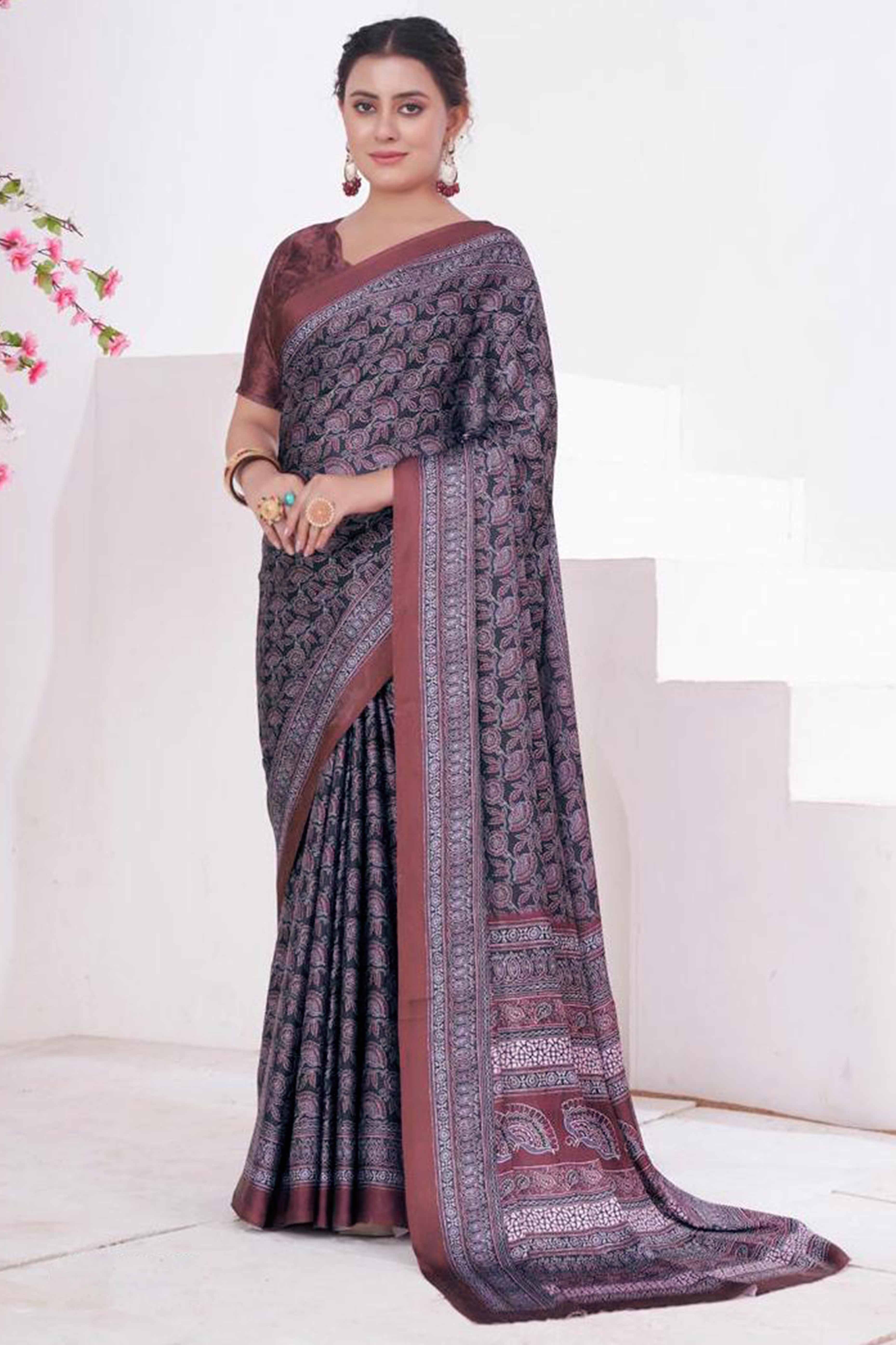 Black & Maroon Digital Printed Crepe Saree