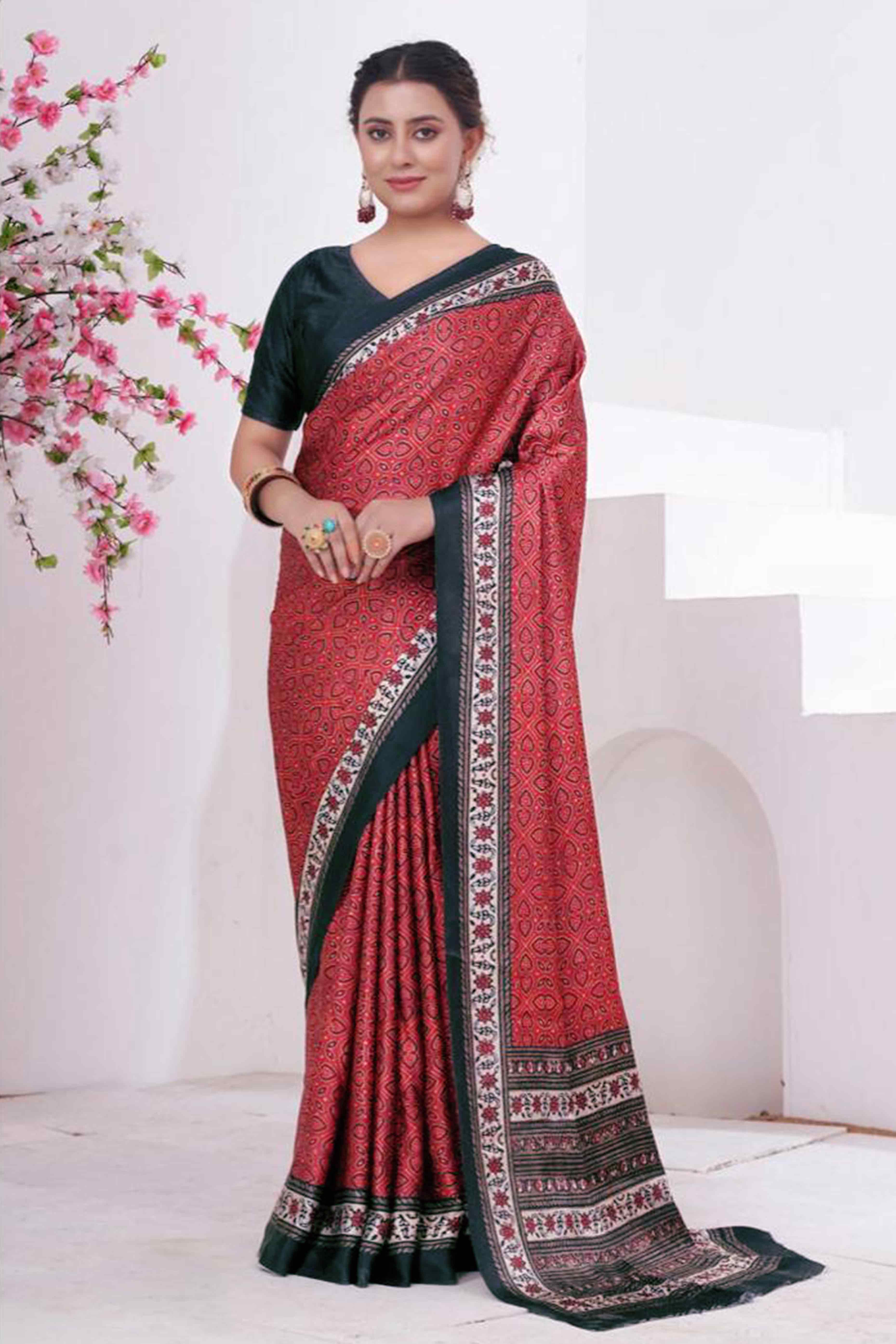Red Digital Printed Crepe Saree