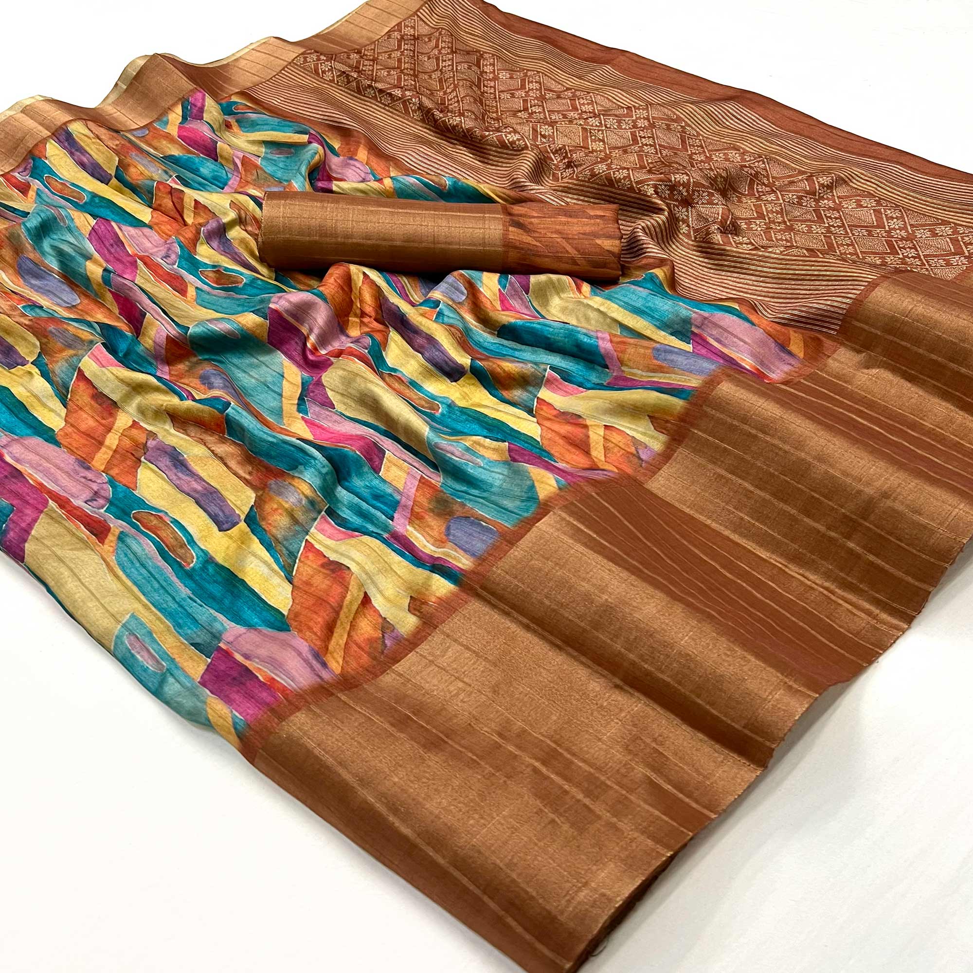 Rust Geometric Digital Printed Viscose Saree