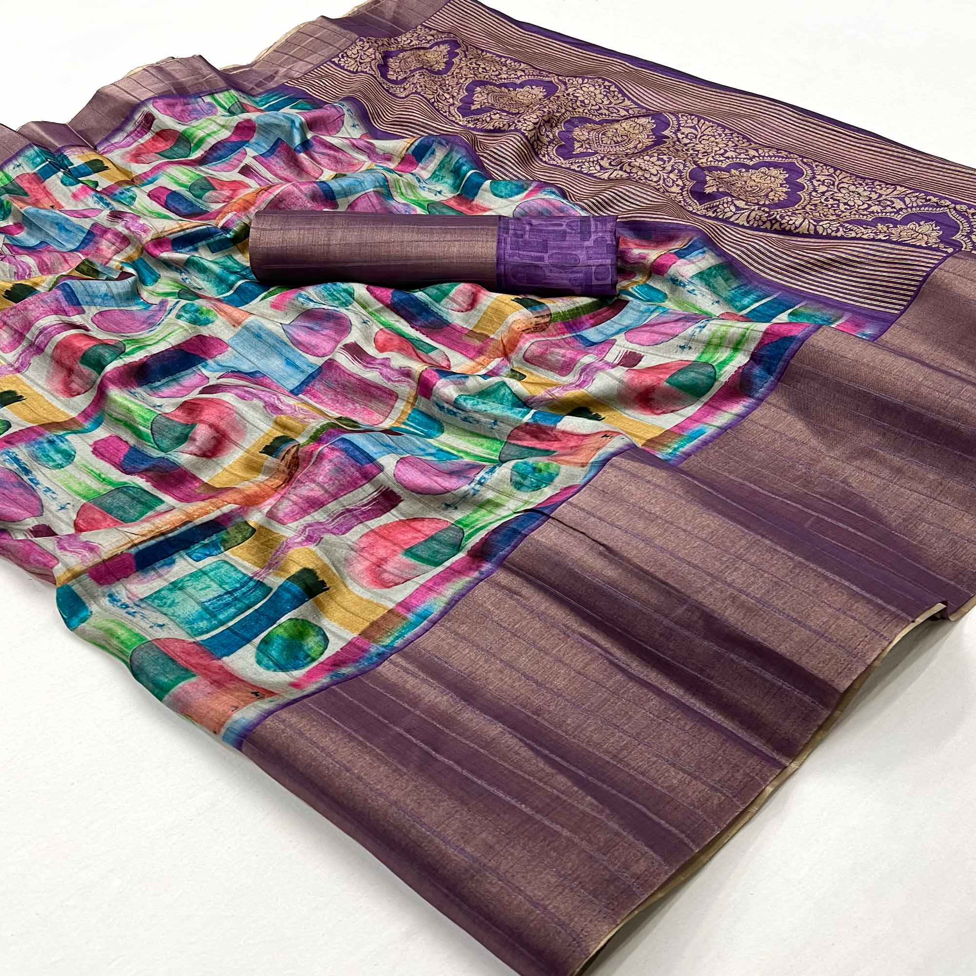 Violet Geometric Digital Printed Viscose Saree