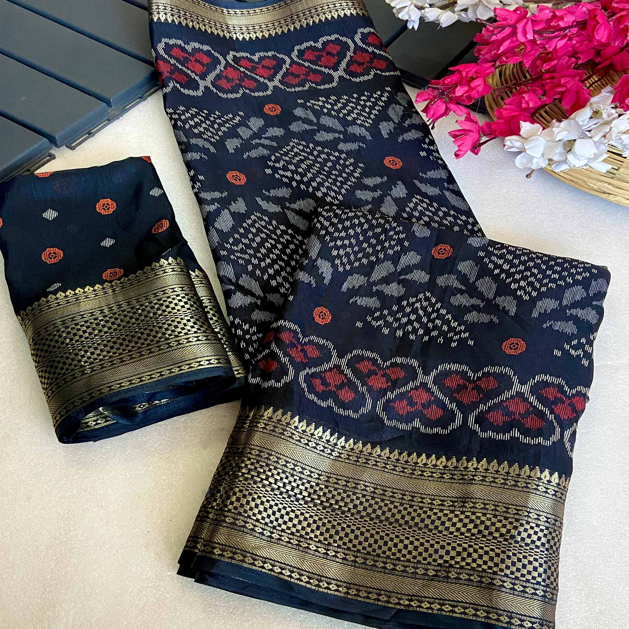 Black Ikkat Printed Cotton Silk Saree