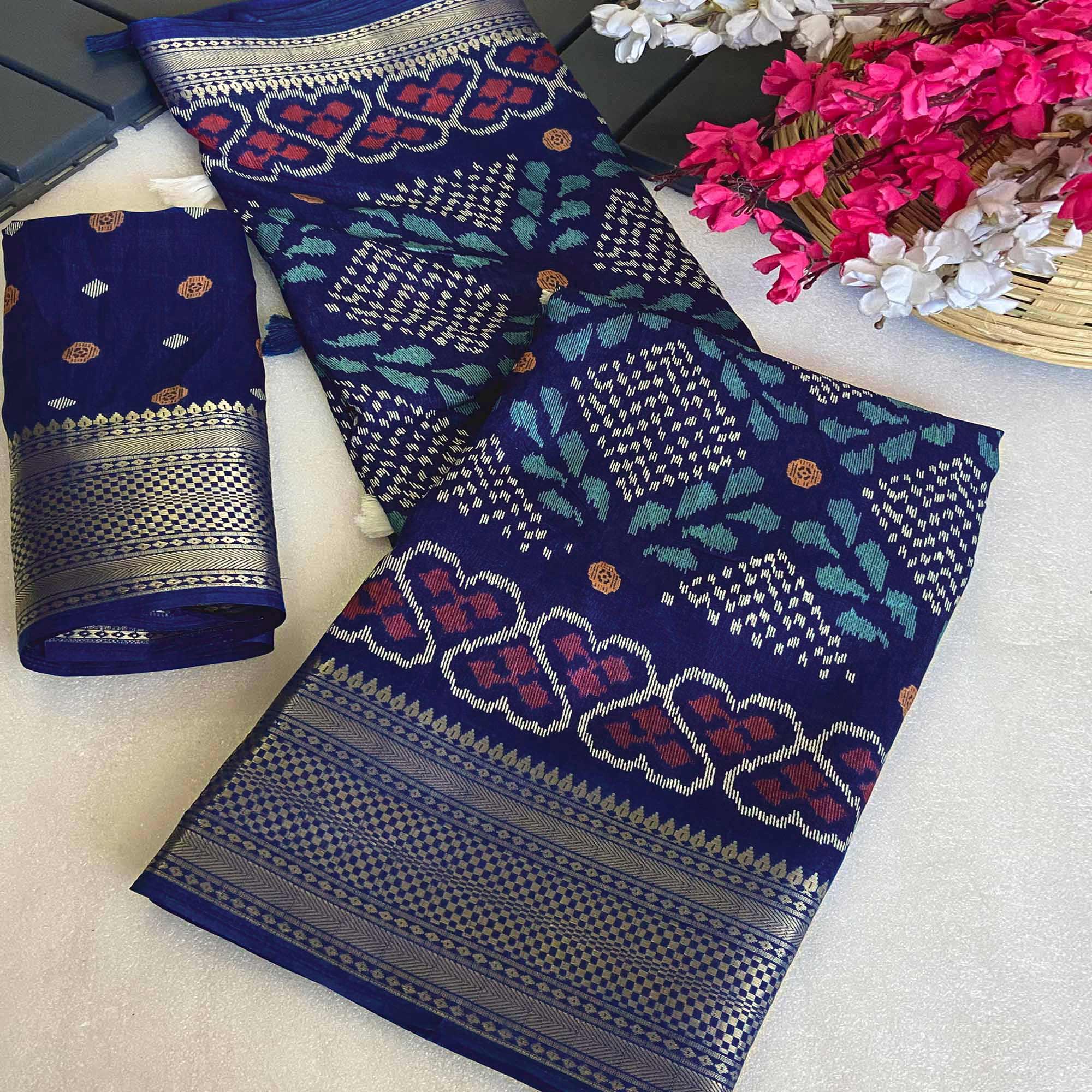 Blue Ikkat Printed Cotton Silk Saree