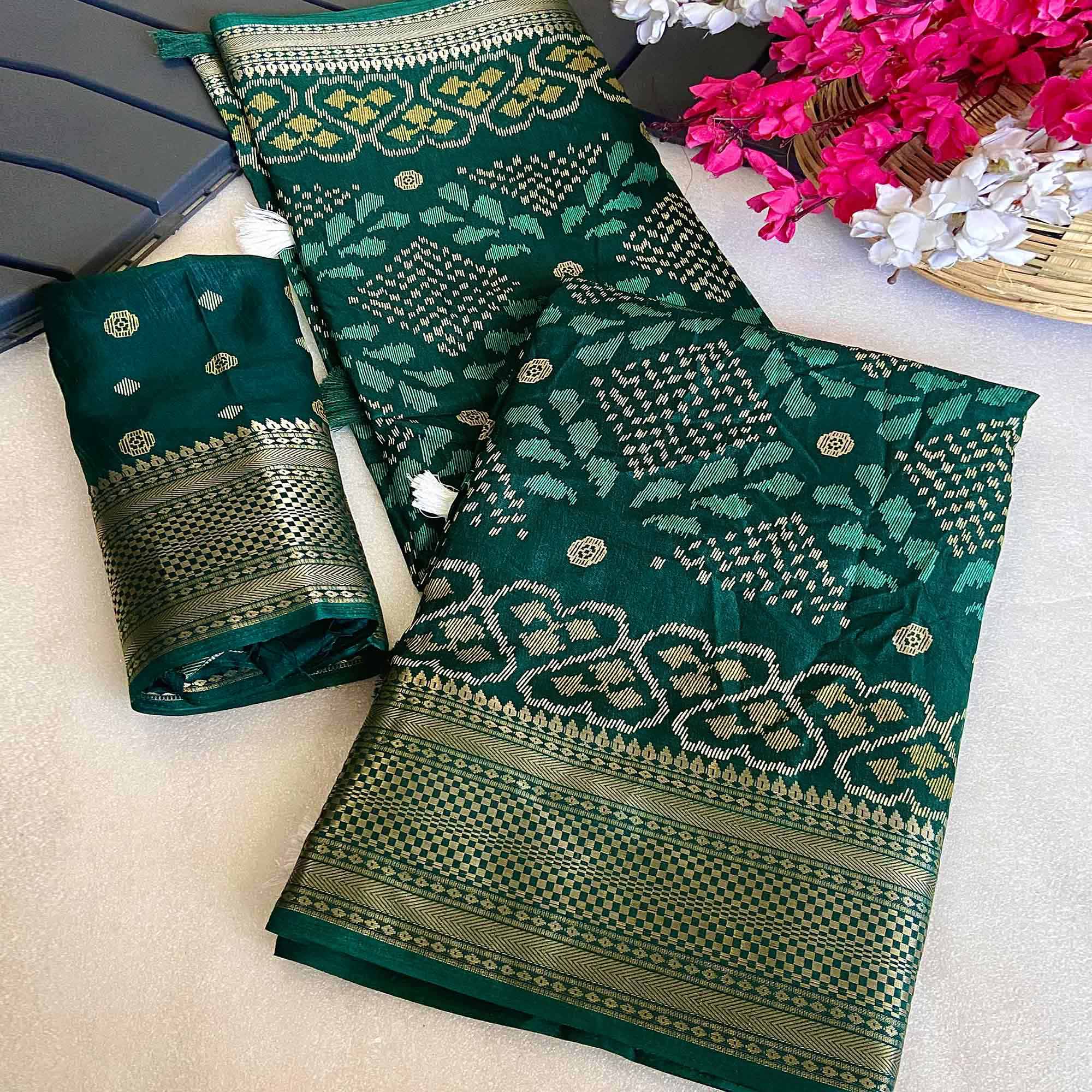 Green Ikkat Printed Cotton Silk Saree