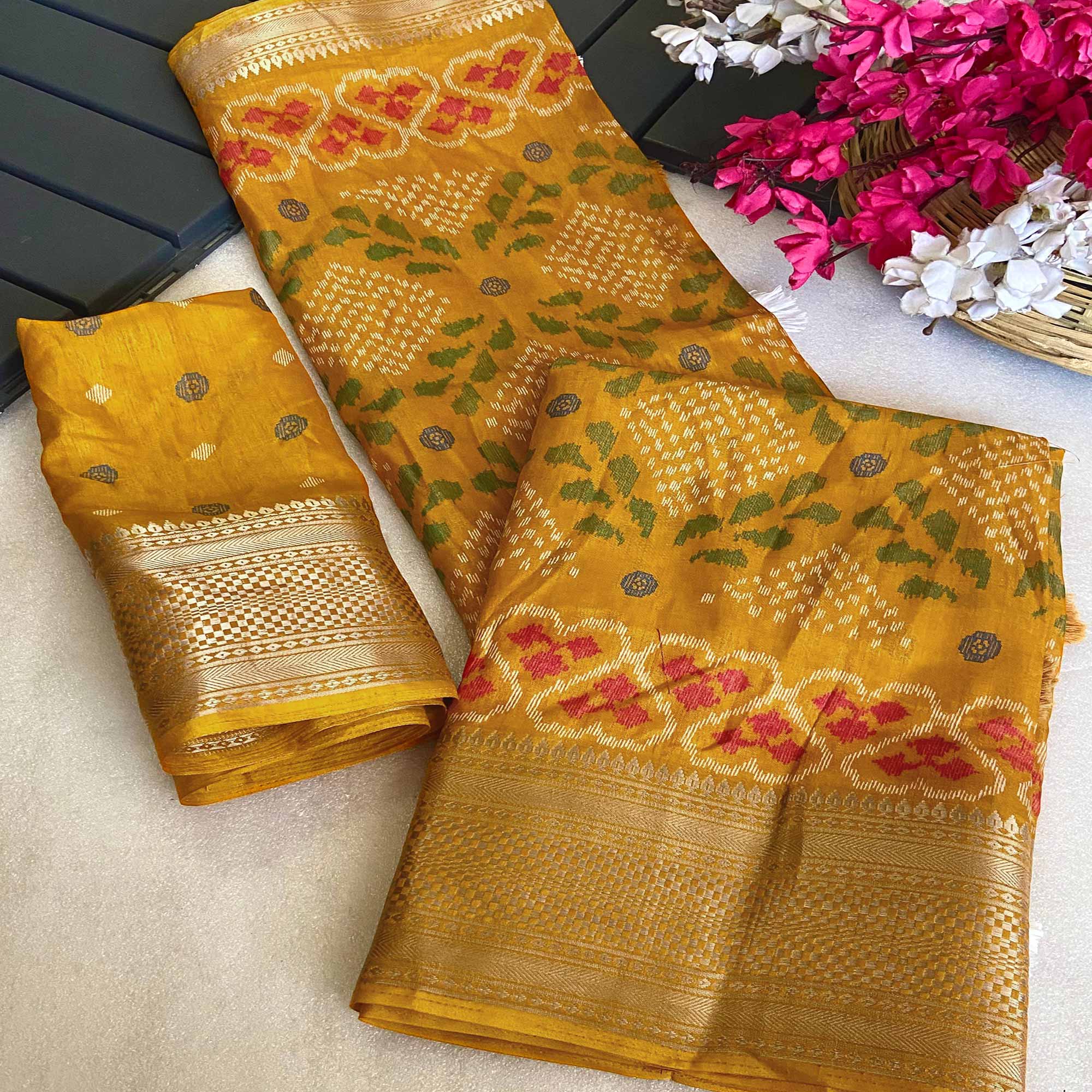 Mustard Ikkat Printed Cotton Silk Saree