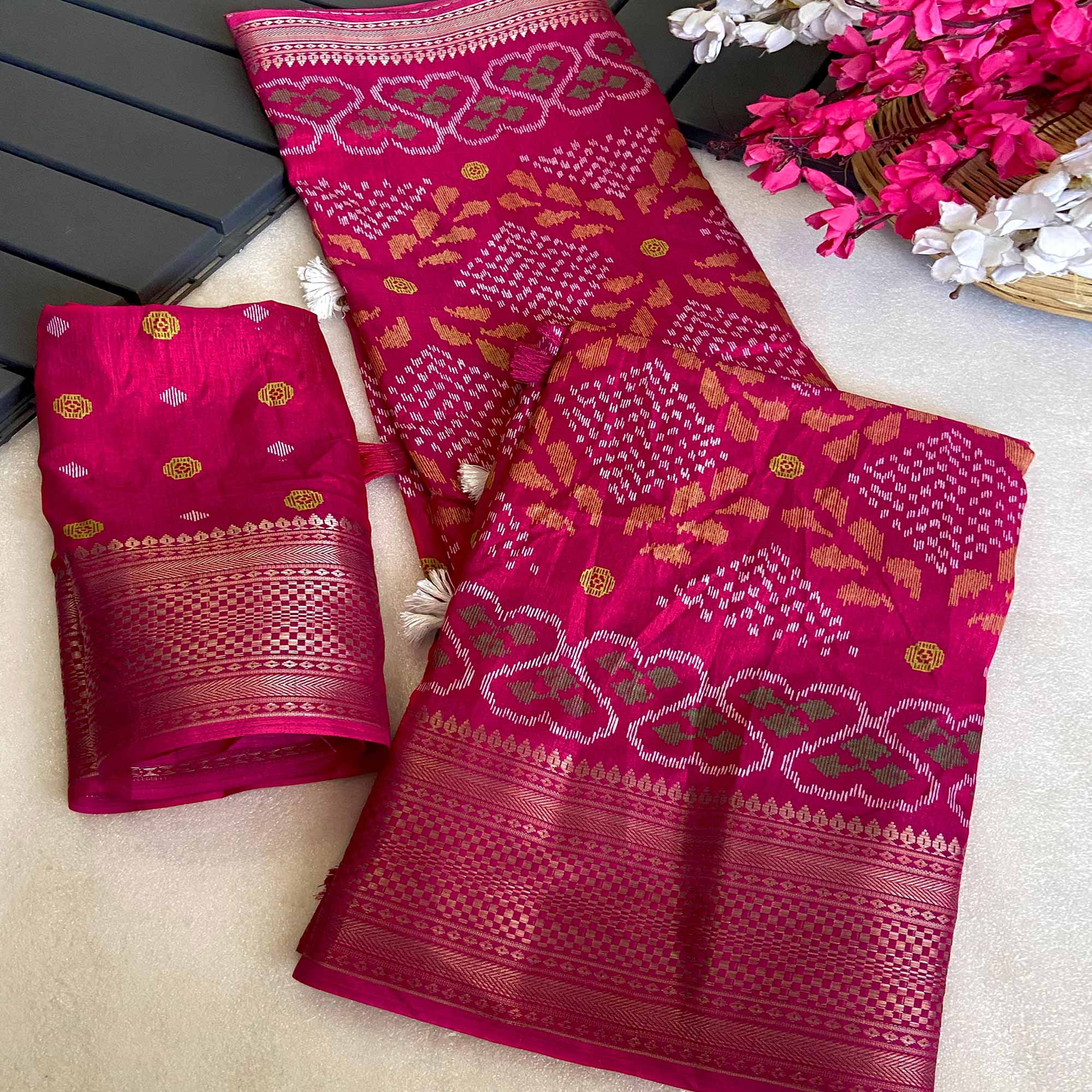 Pink Ikkat Printed Cotton Silk Saree