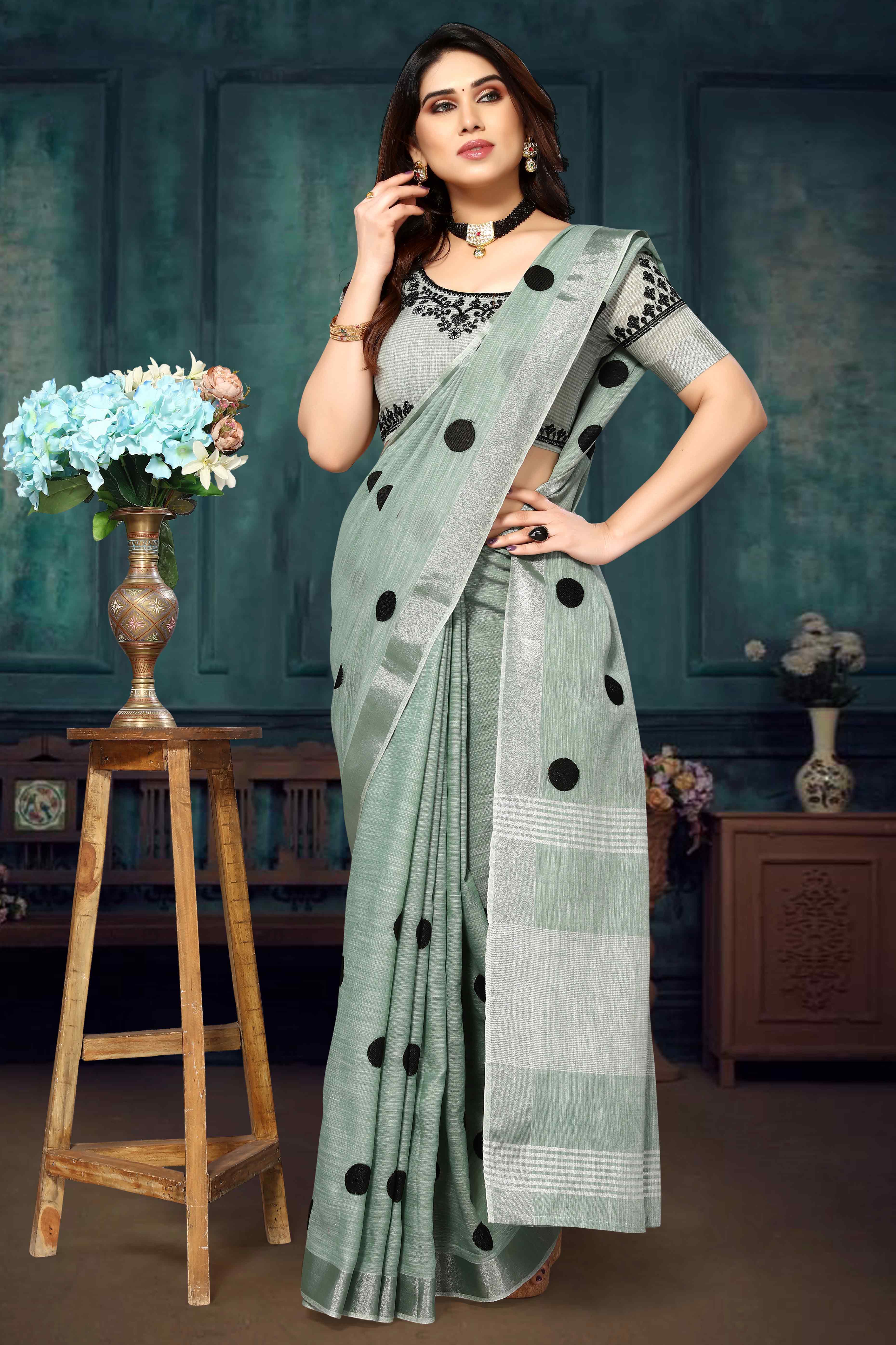 Green Embroidered Linen Cotton Saree With Zari Border