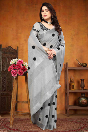 Grey Embroidered Linen Cotton Saree With Zari Border
