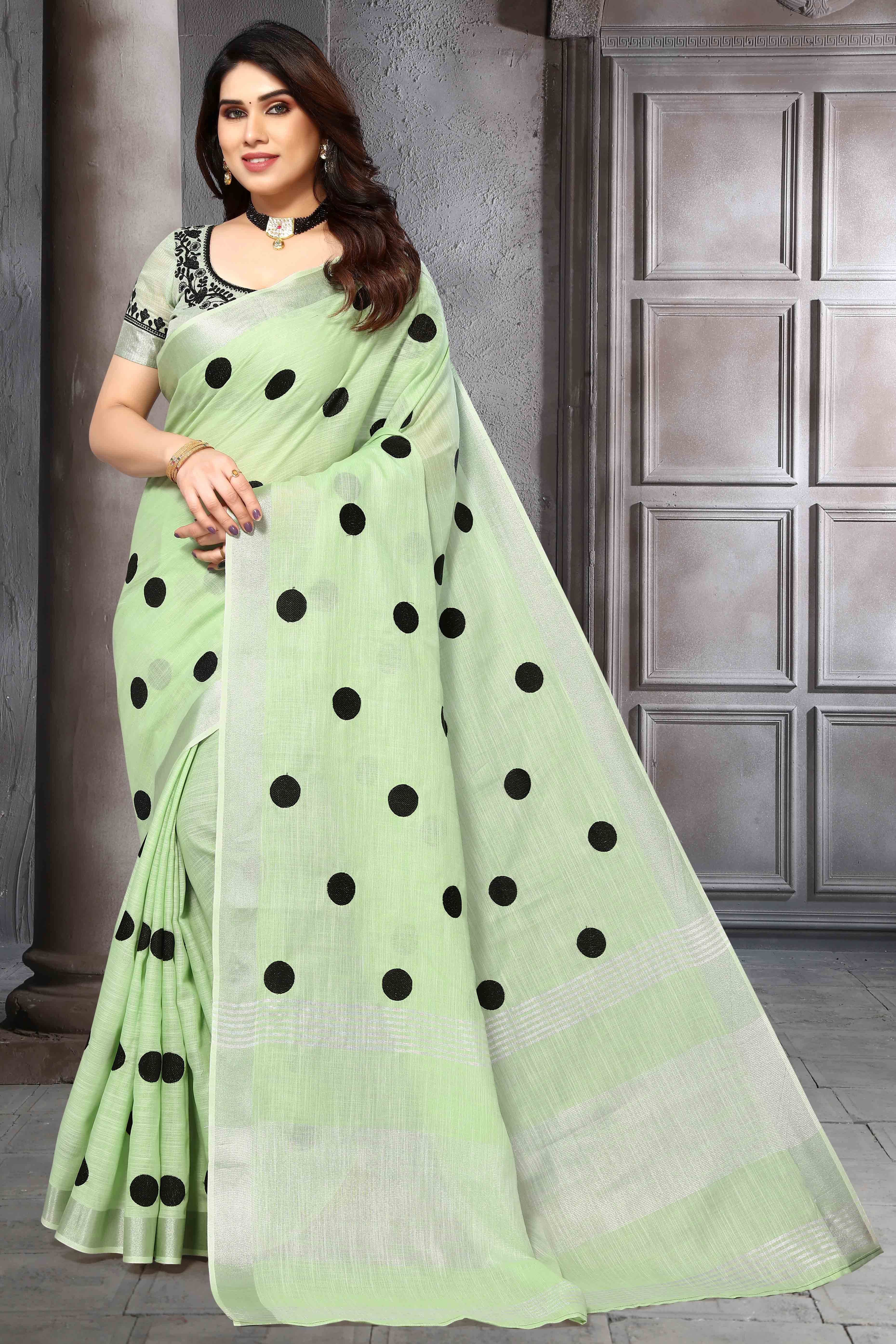 Light Green Embroidered Linen Cotton Saree With Zari Border