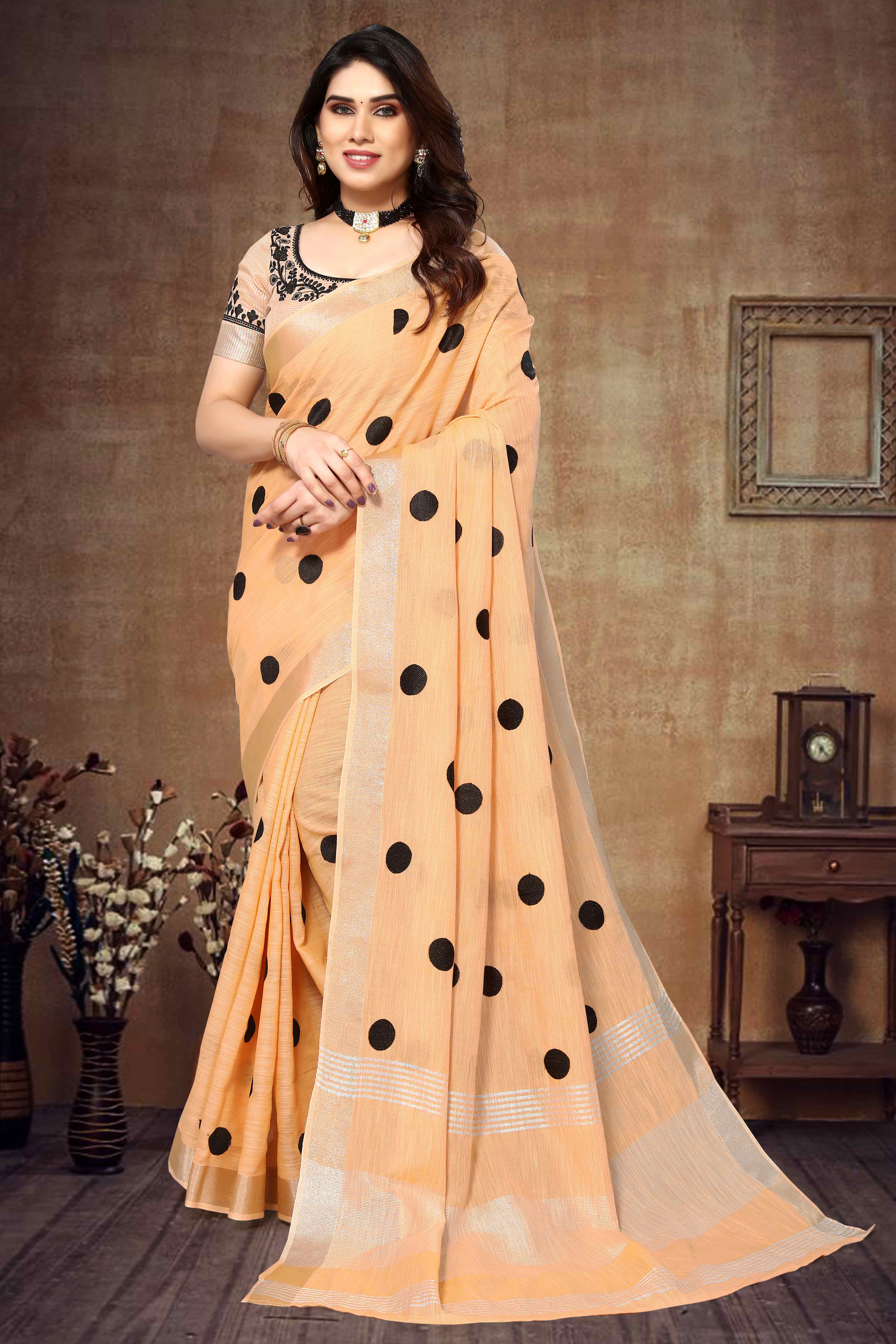 Orange Embroidered Linen Cotton Saree With Zari Border