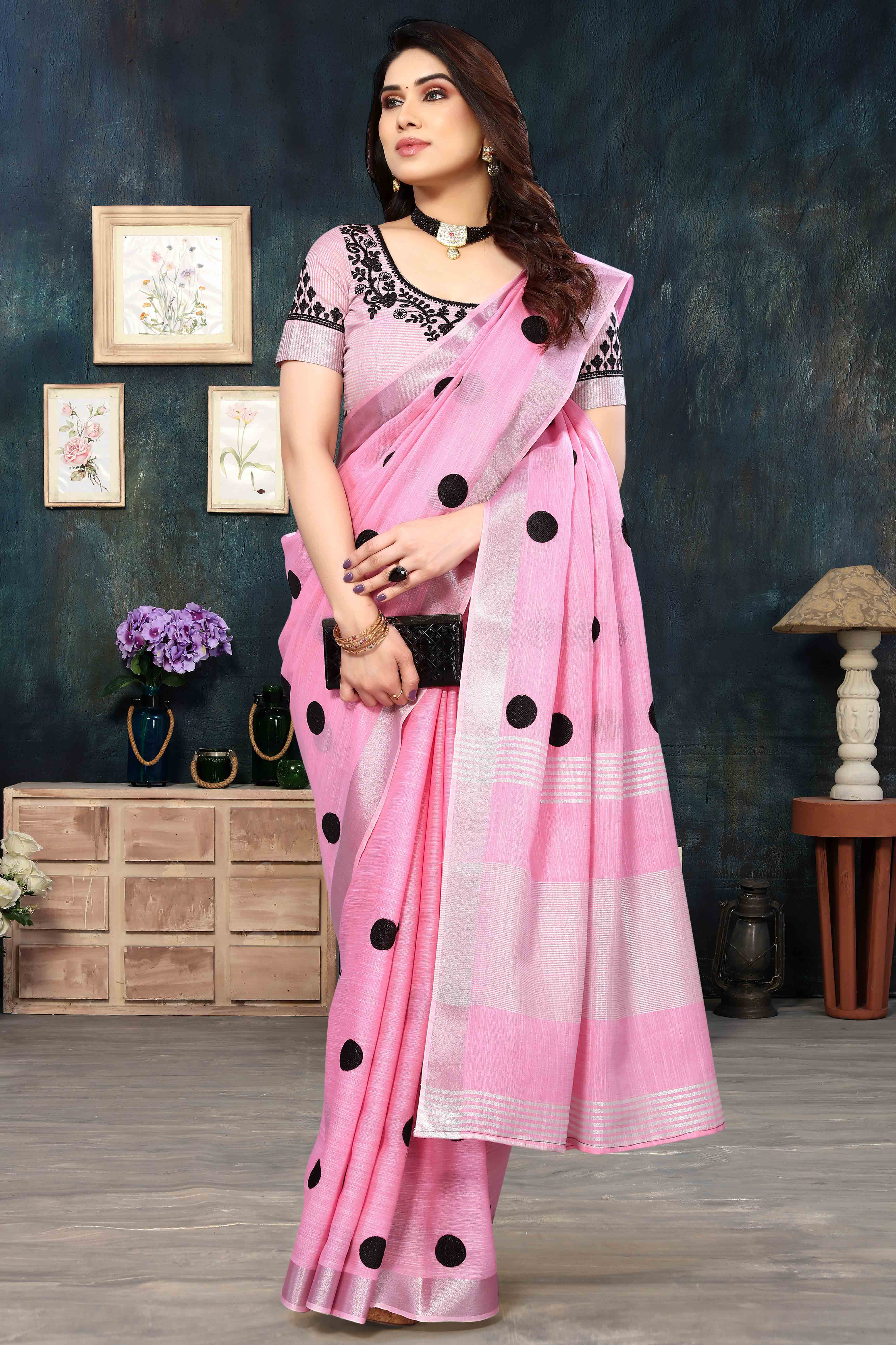 Pink Embroidered Linen Cotton Saree With Zari Border