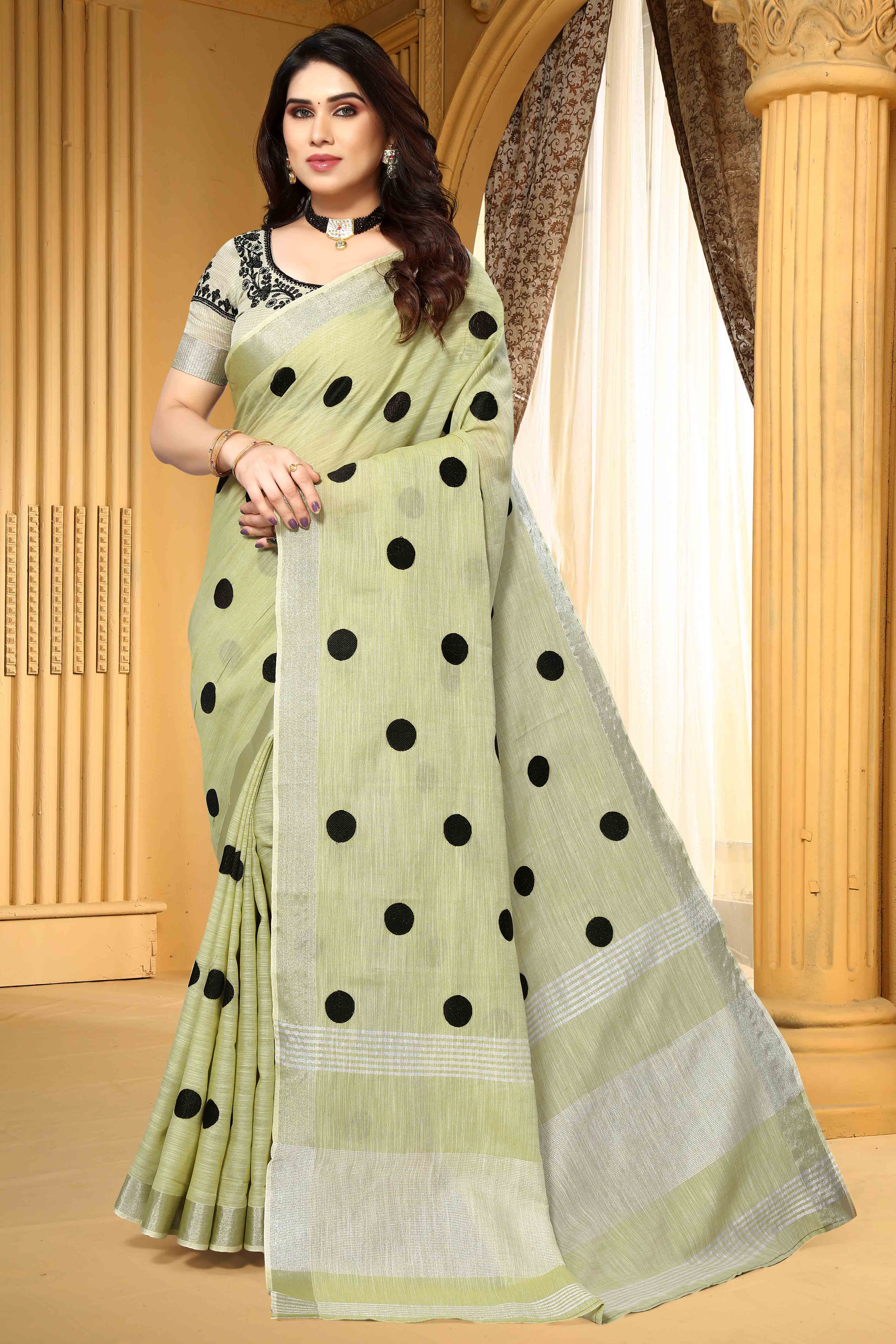 Pista Green Embroidered Linen Cotton Saree With Zari Border