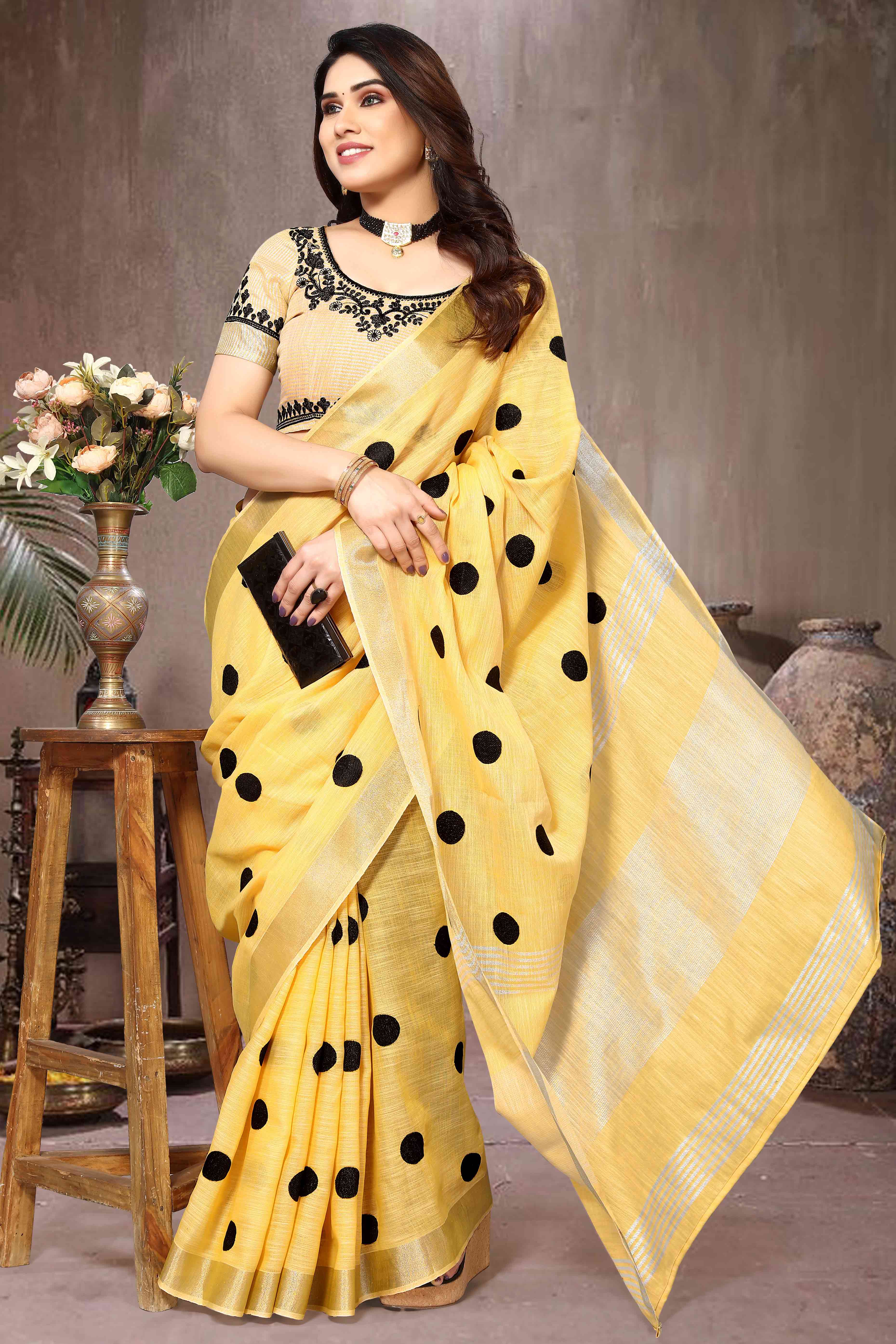 Yellow Embroidered Linen Cotton Saree With Zari Border