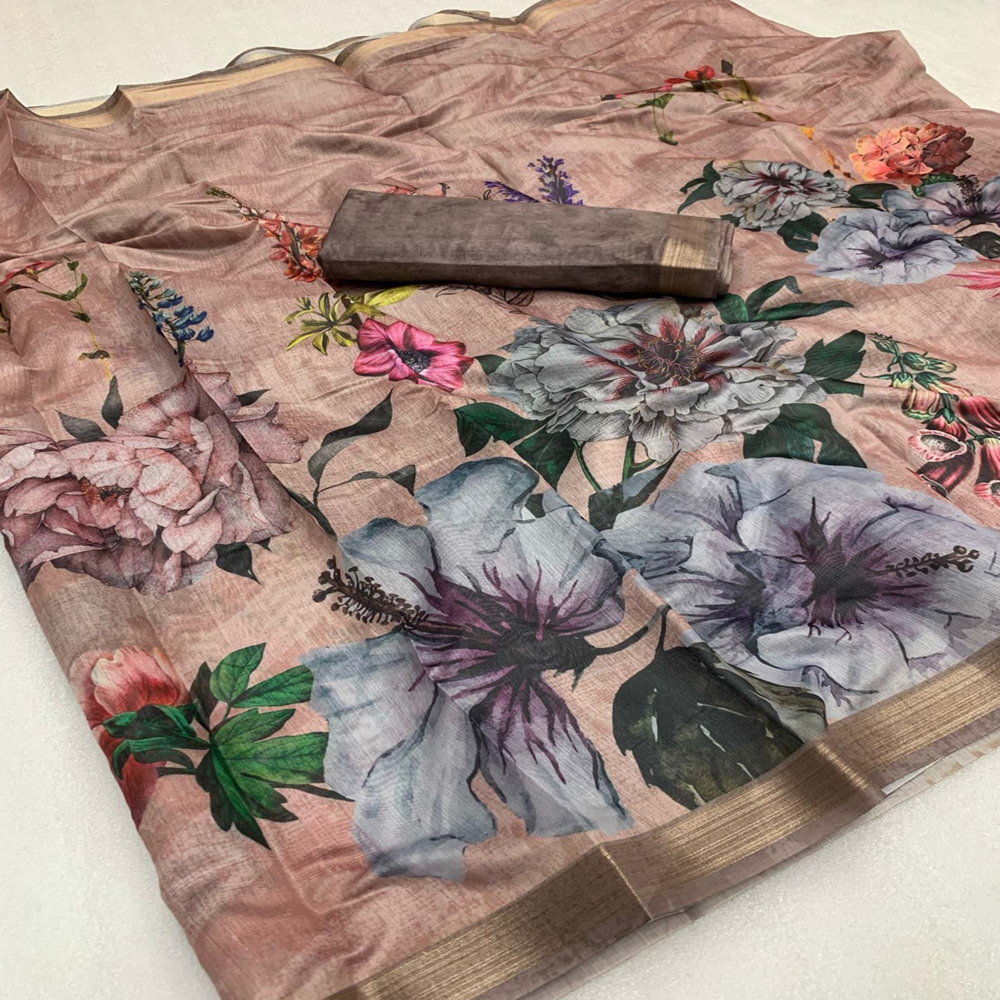 Rosy Brown Floral Digital Printed Chanderi Saree