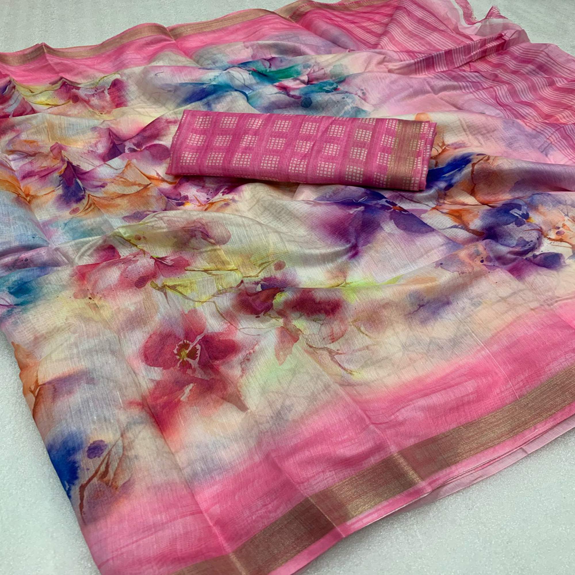 Multicolor Floral Digital Printed Chanderi Saree