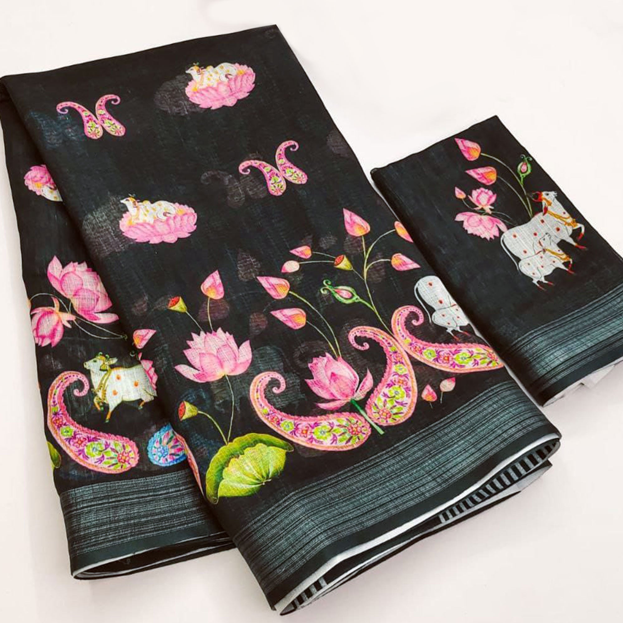 Black Digital Printed Linen Saree