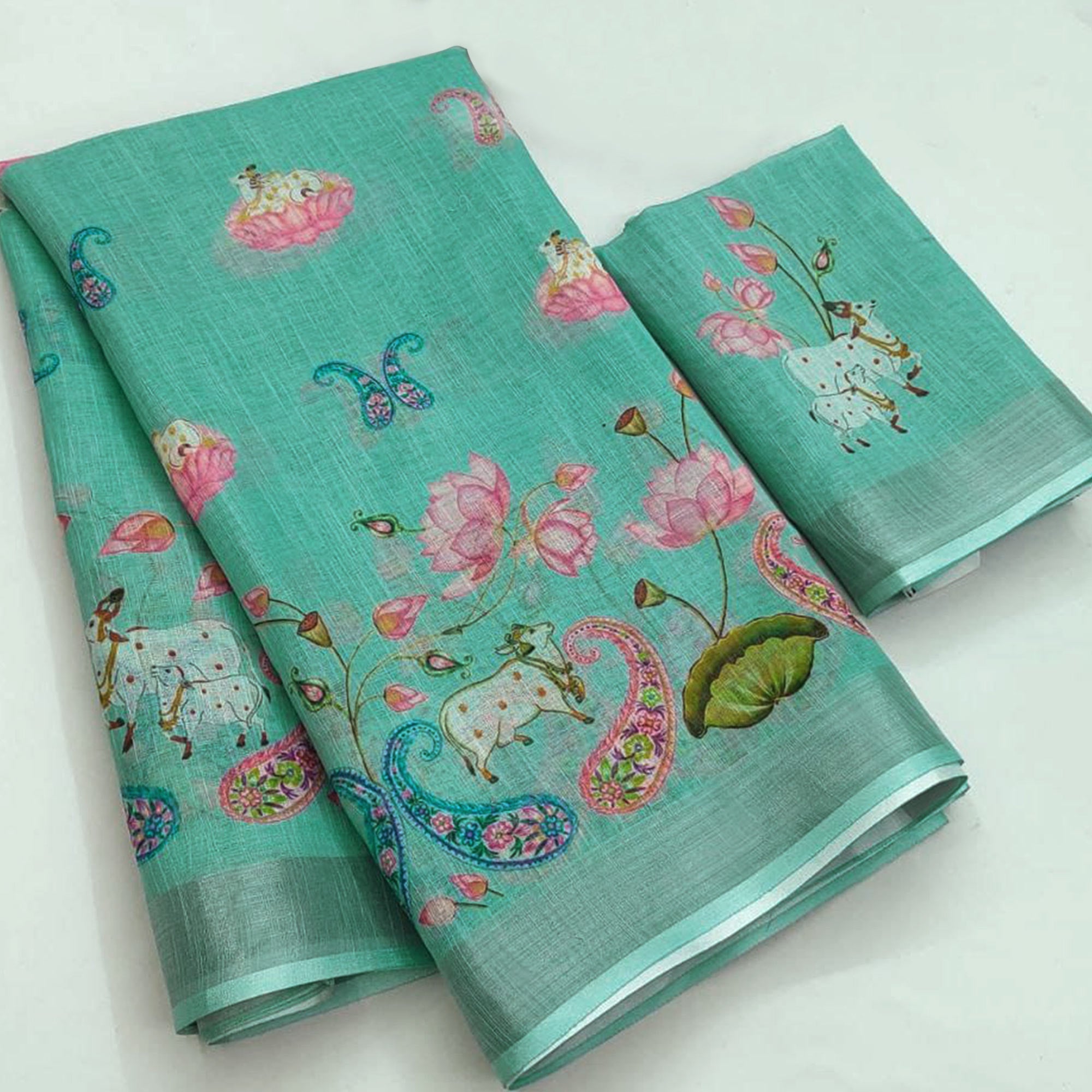 Turquoise Digital Printed Linen Saree