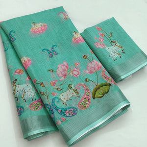 Turquoise Digital Printed Linen Saree